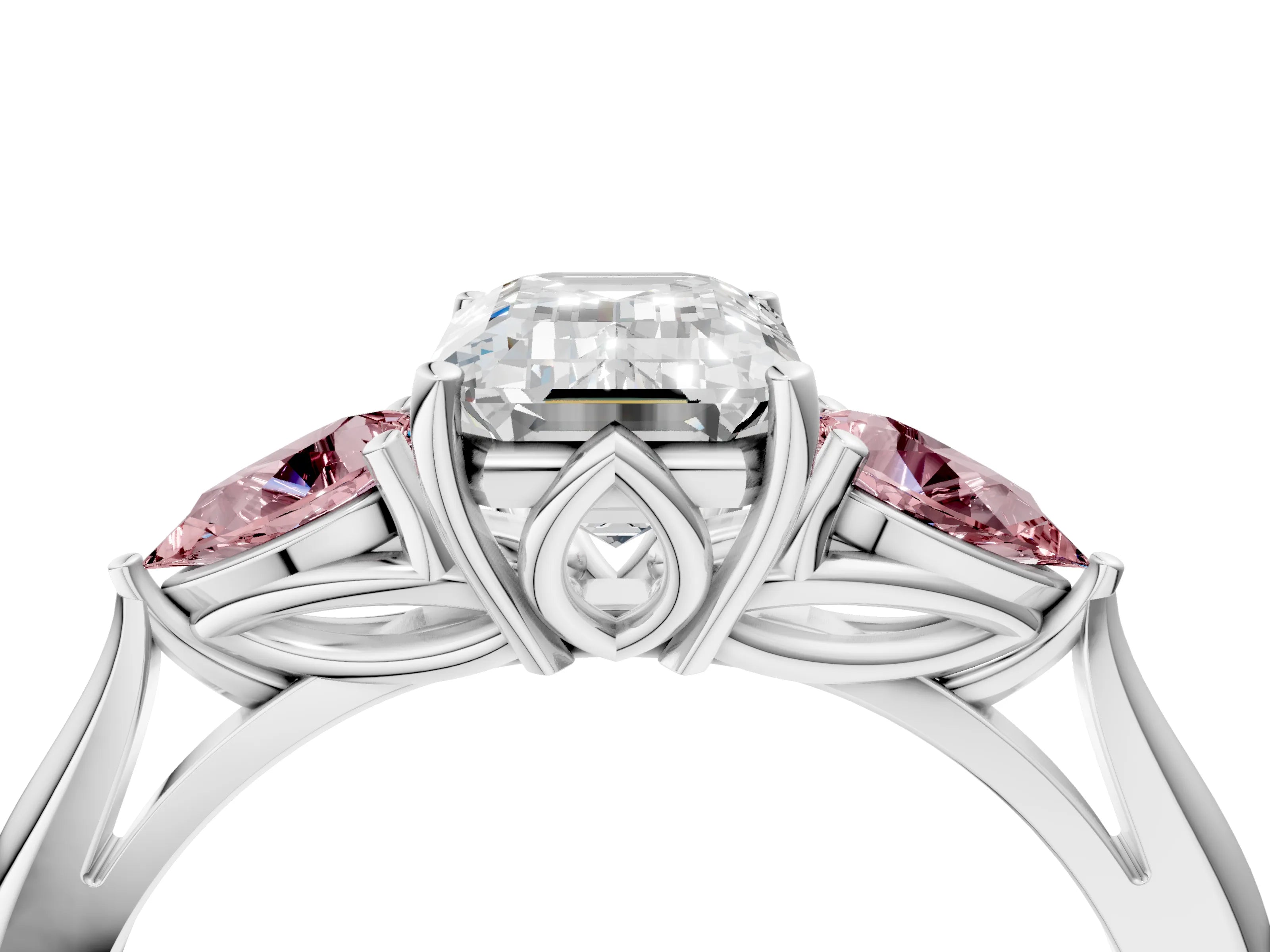 White gold Emerald Cut Diamond Three-Stone Ring with Pear with Morganite side stone Side Stones and Prong Setting_16