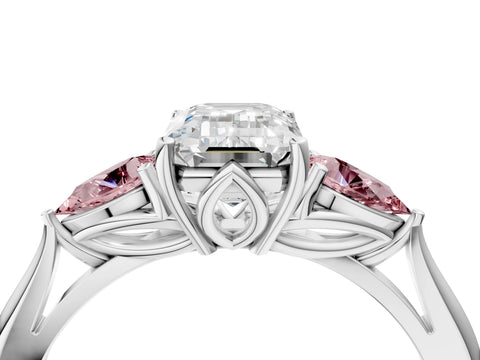 White gold Emerald Cut Diamond Three-Stone Ring with Pear with Morganite side stone Side Stones and Prong Setting_16