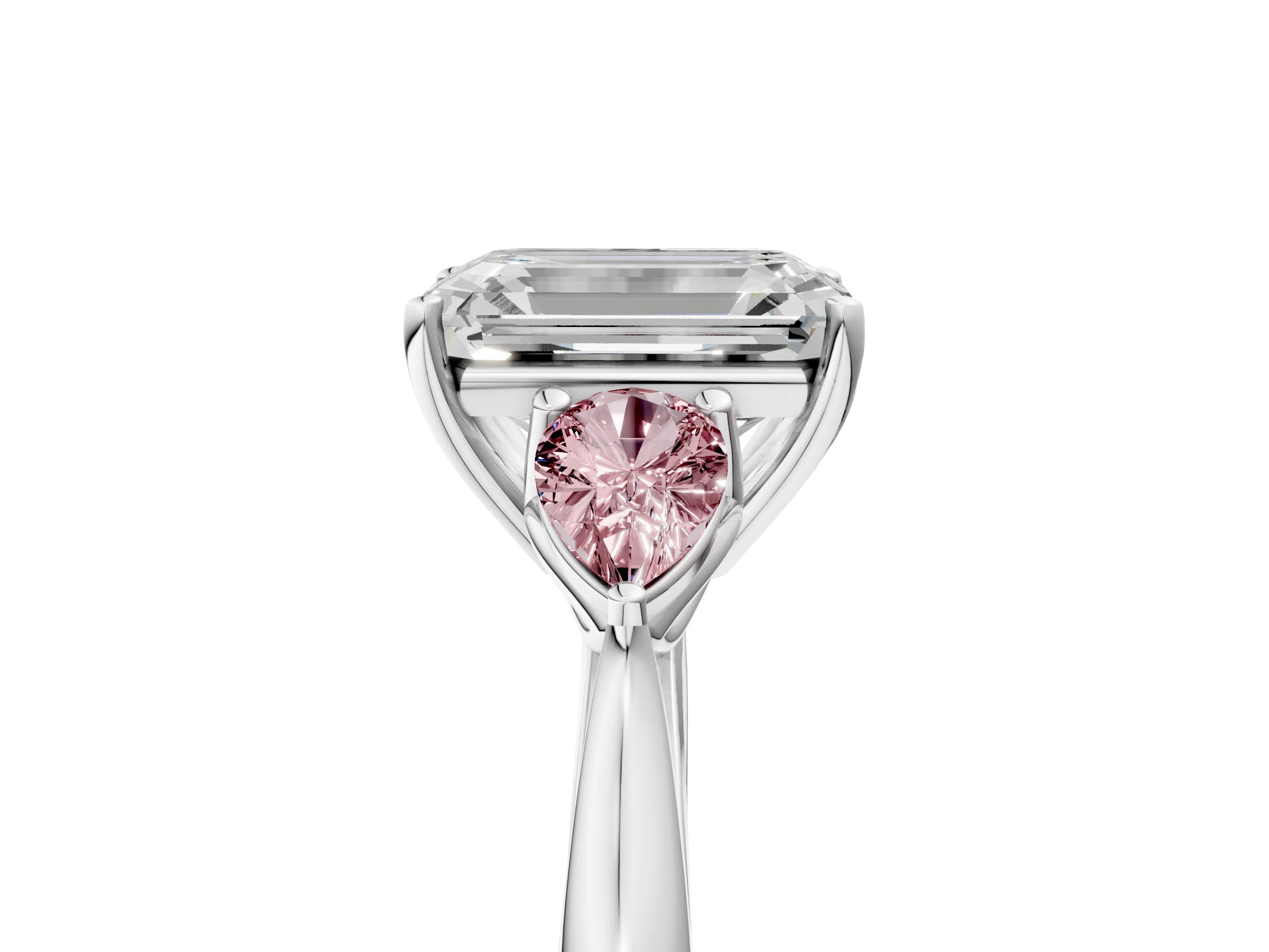 White gold Emerald Cut Diamond Three-Stone Ring with Pear with Morganite side stone Side Stones and Prong Setting_29