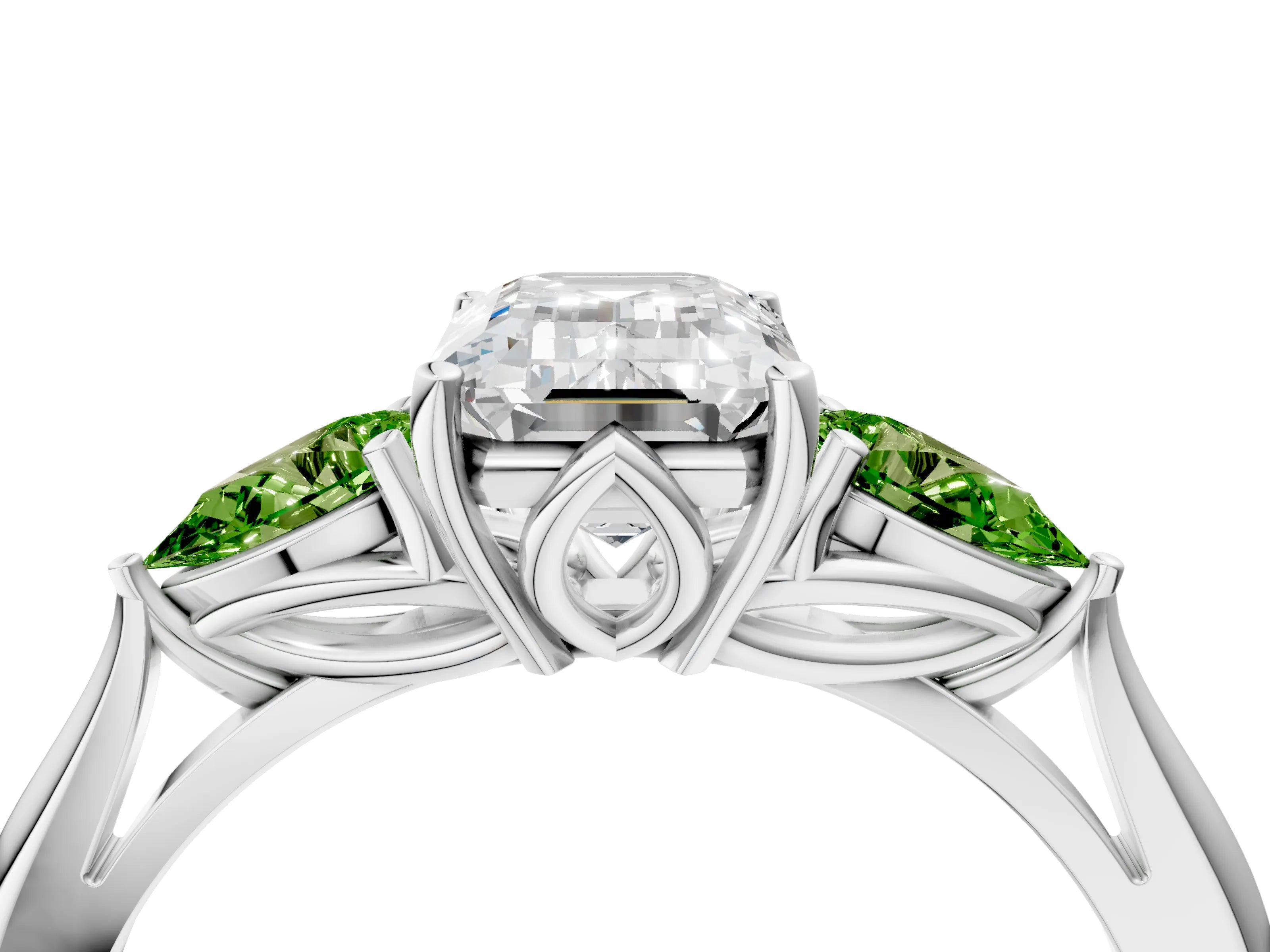 White gold Emerald Cut Diamond Three-Stone Ring with Pear with Peridot side stone Side Stones and Prong Setting_10