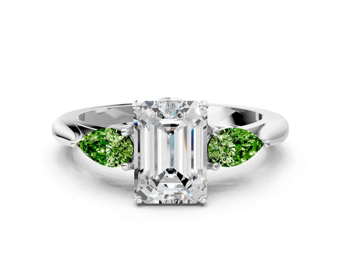 White gold Emerald Cut Diamond Three-Stone Ring with Pear with Peridot side stone Side Stones and Prong Setting_12