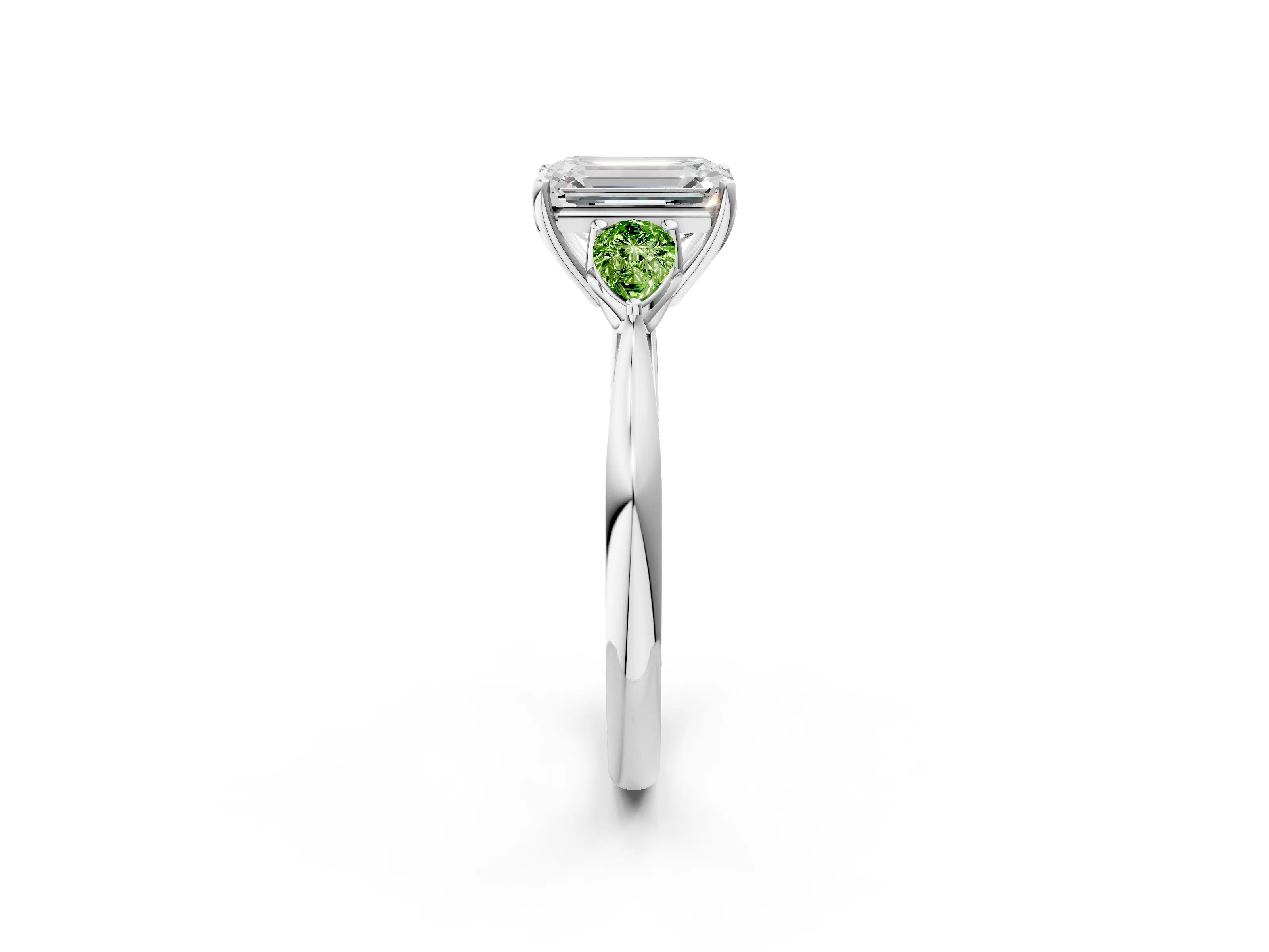 White gold Emerald Cut Diamond Three-Stone Ring with Pear with Peridot side stone Side Stones and Prong Setting_14