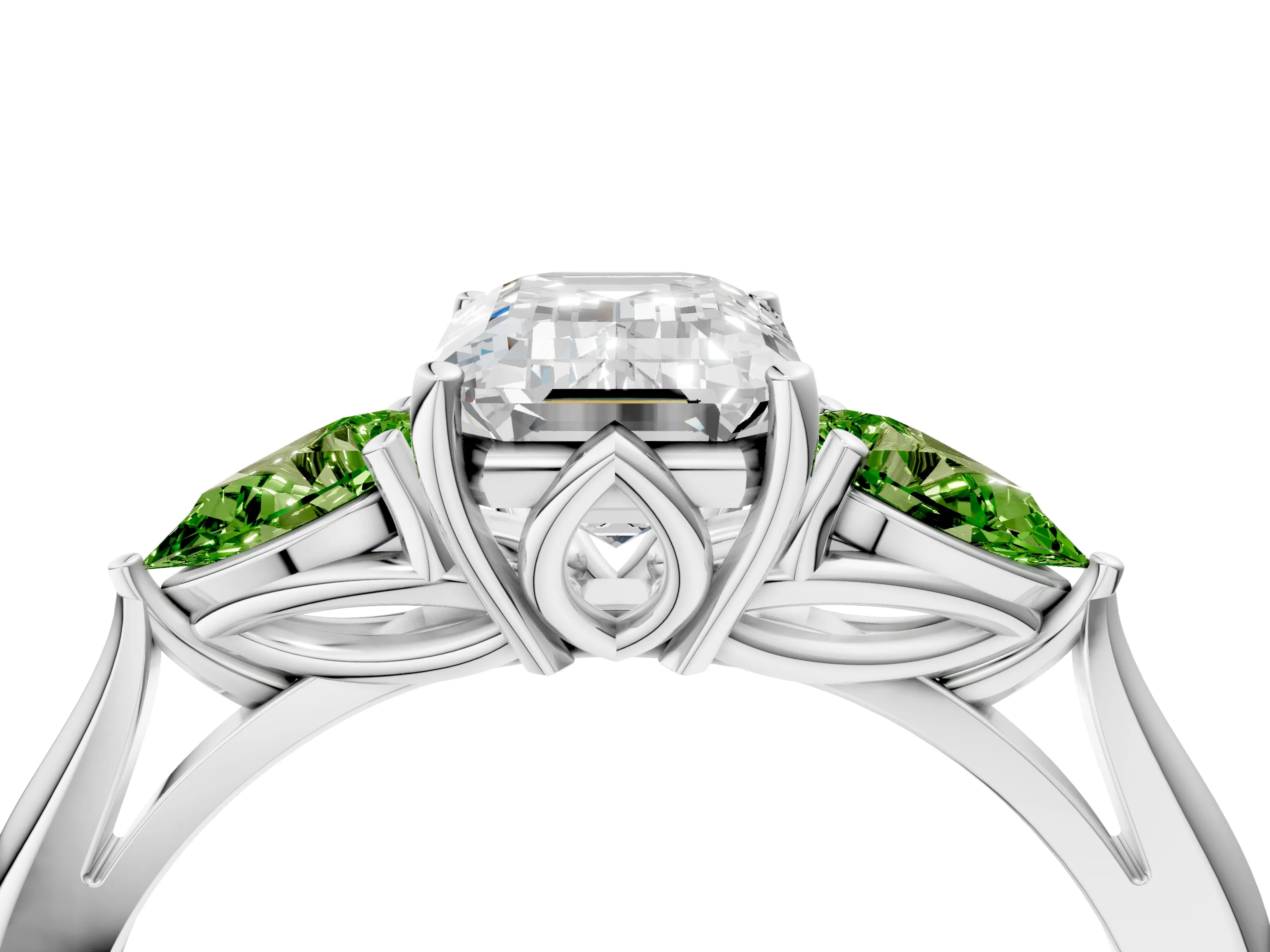 White gold Emerald Cut Diamond Three-Stone Ring with Pear with Peridot side stone Side Stones and Prong Setting_16