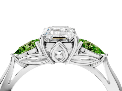 White gold Emerald Cut Diamond Three-Stone Ring with Pear with Peridot side stone Side Stones and Prong Setting_16
