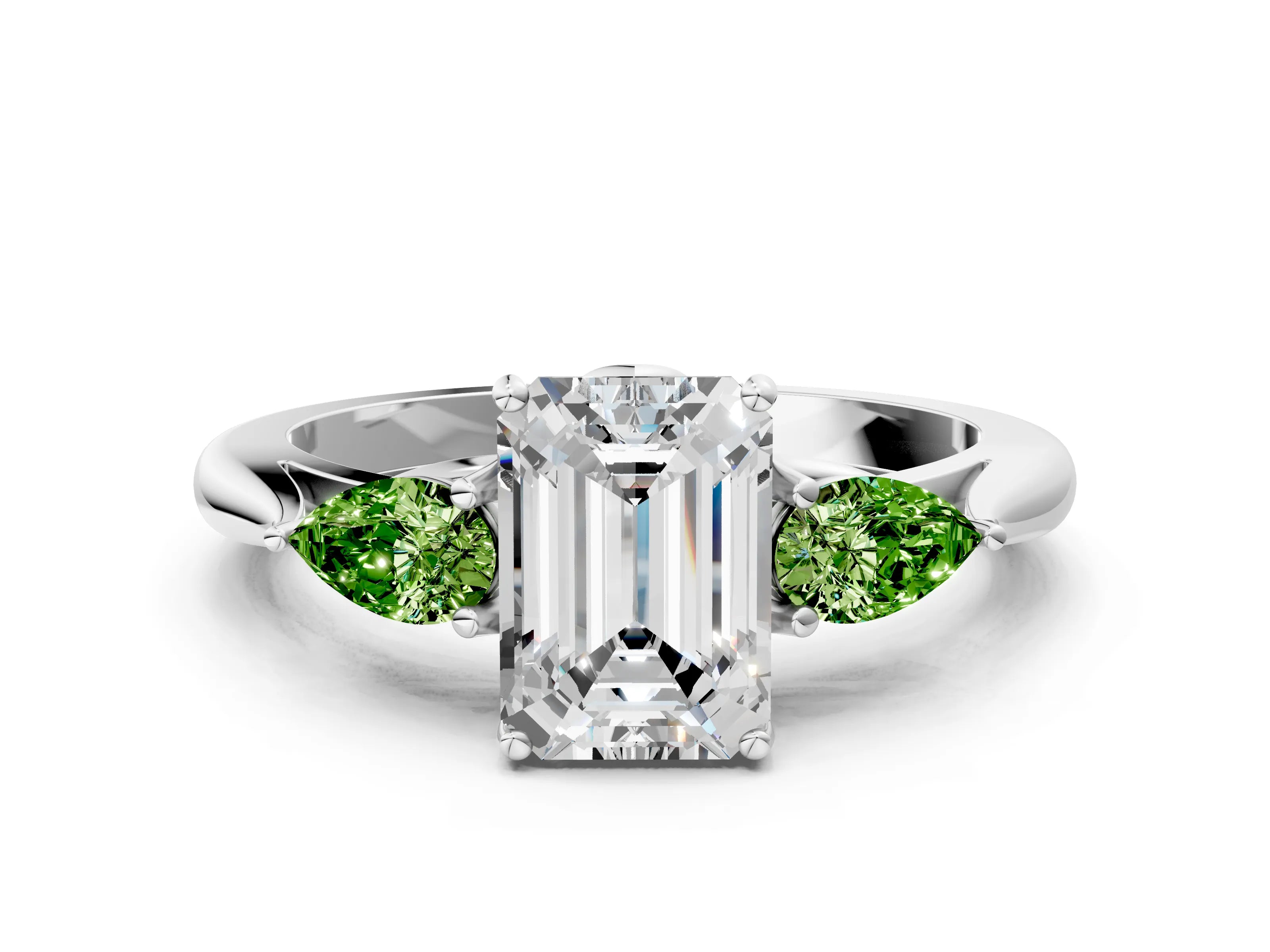 White gold Emerald Cut Diamond Three-Stone Ring with Pear with Peridot side stone Side Stones and Prong Setting_18
