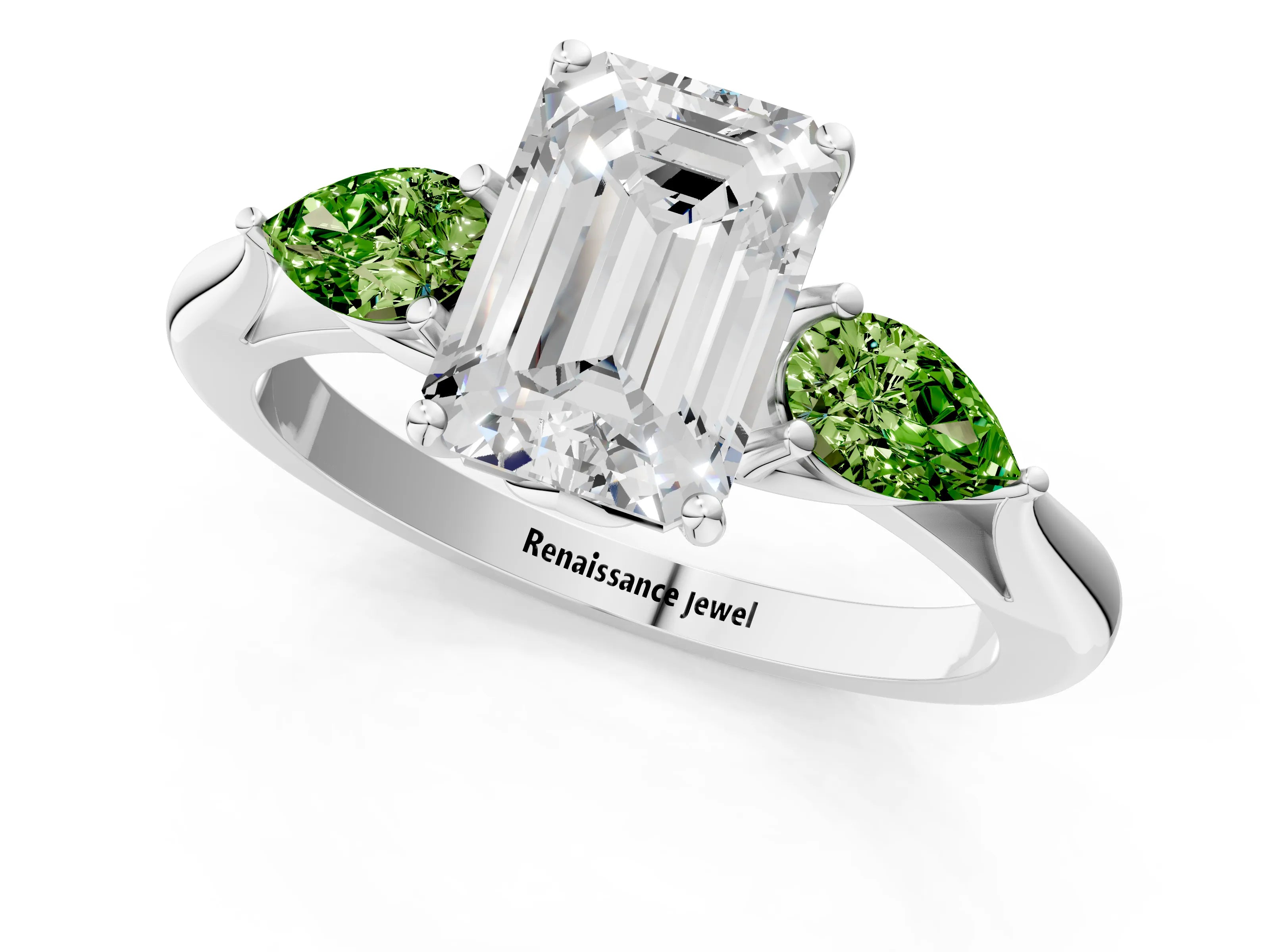White gold Emerald Cut Diamond Three-Stone Ring with Pear with Peridot side stone Side Stones and Prong Setting_19