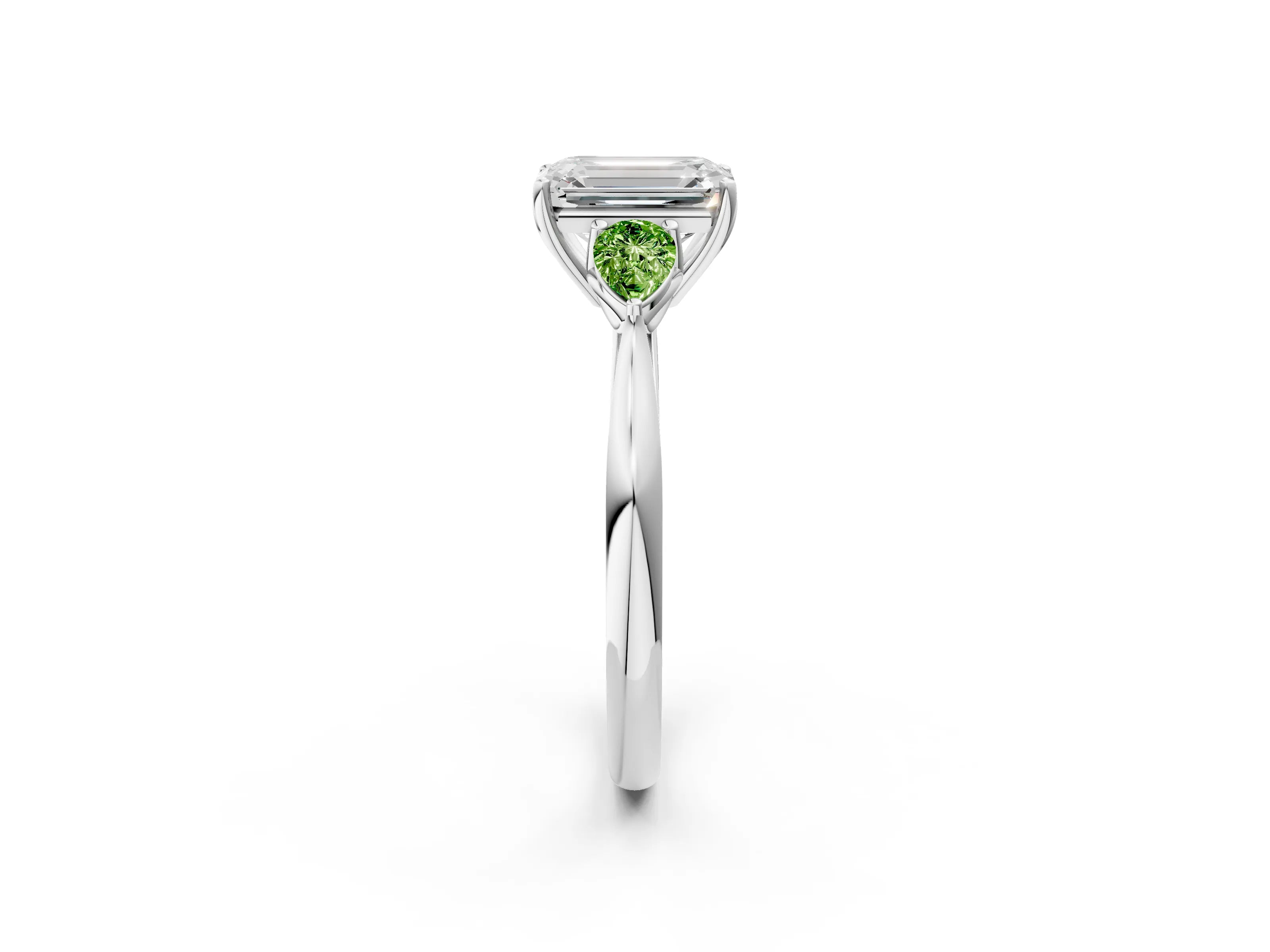 White gold Emerald Cut Diamond Three-Stone Ring with Pear with Peridot side stone Side Stones and Prong Setting_20