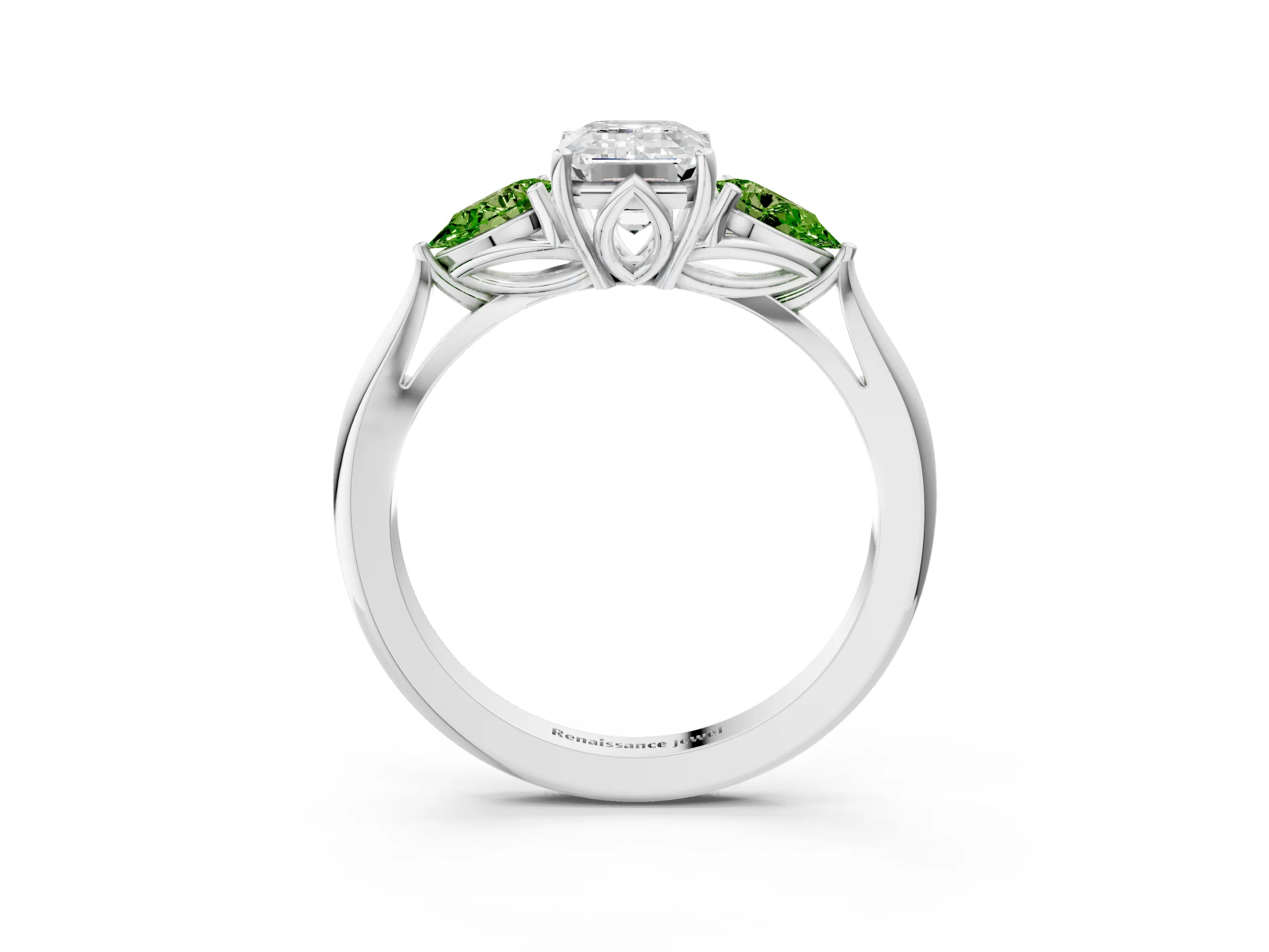 White gold Emerald Cut Diamond Three-Stone Ring with Pear with Peridot side stone Side Stones and Prong Setting_3