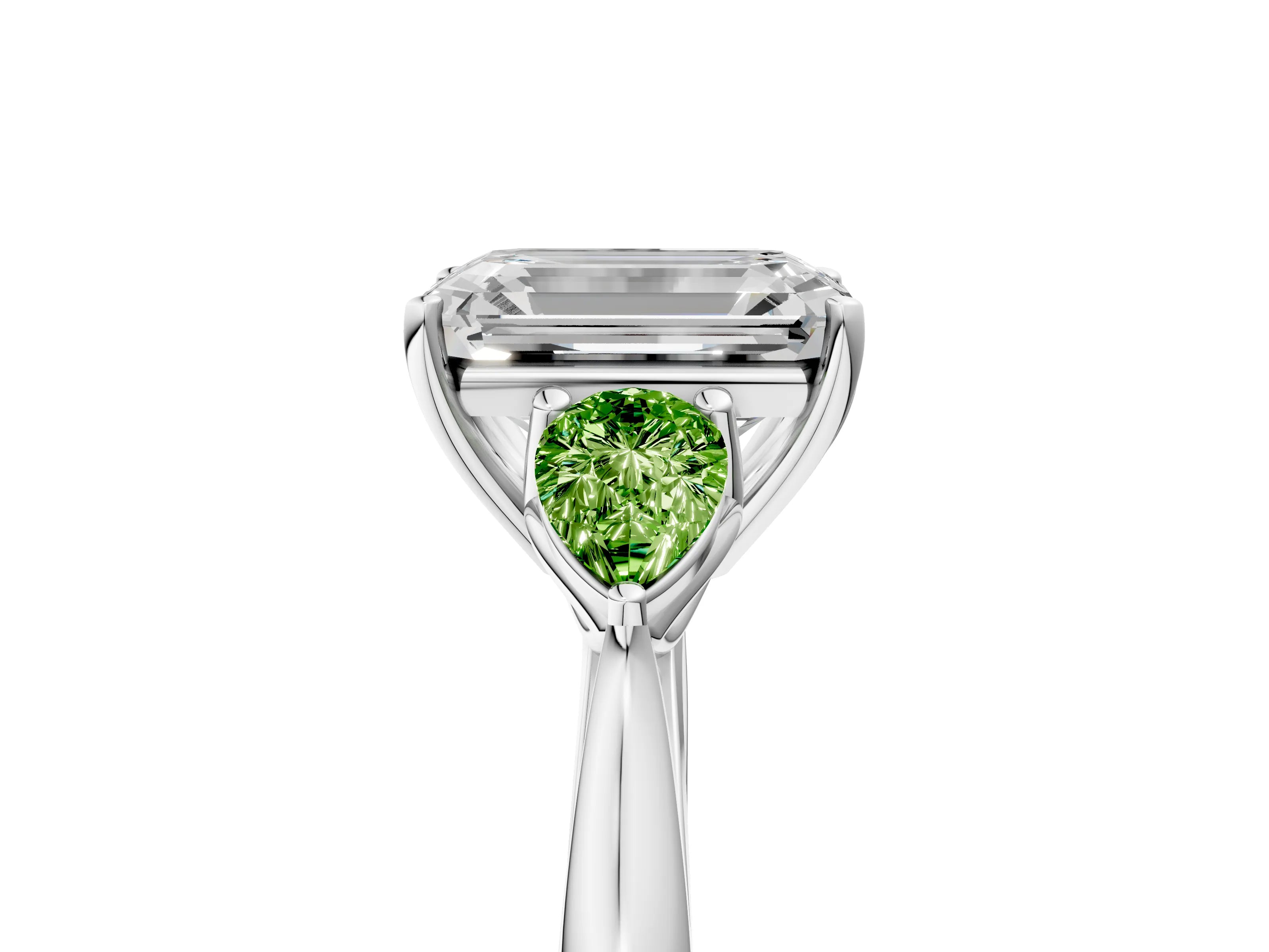 White gold Emerald Cut Diamond Three-Stone Ring with Pear with Peridot side stone Side Stones and Prong Setting_5