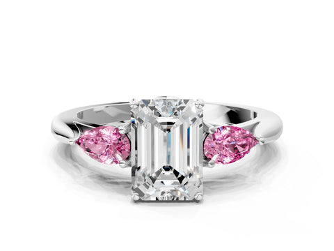 White gold Emerald Cut Diamond Three-Stone Ring with Pear with Pink Sapphire side stone Side Stones and Prong Setting_36