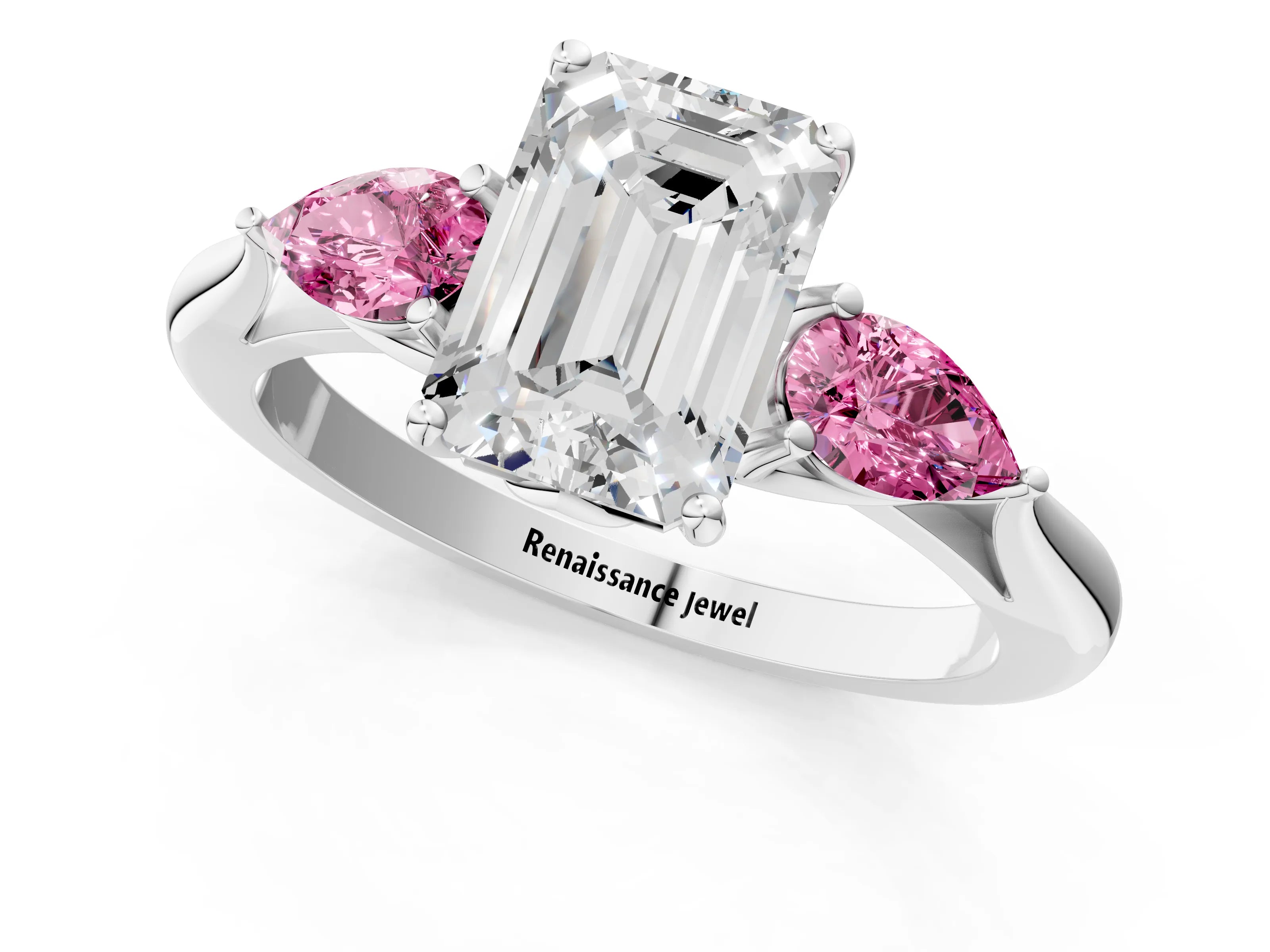 White gold Emerald Cut Diamond Three-Stone Ring with Pear with Pink Sapphire side stone Side Stones and Prong Setting_37