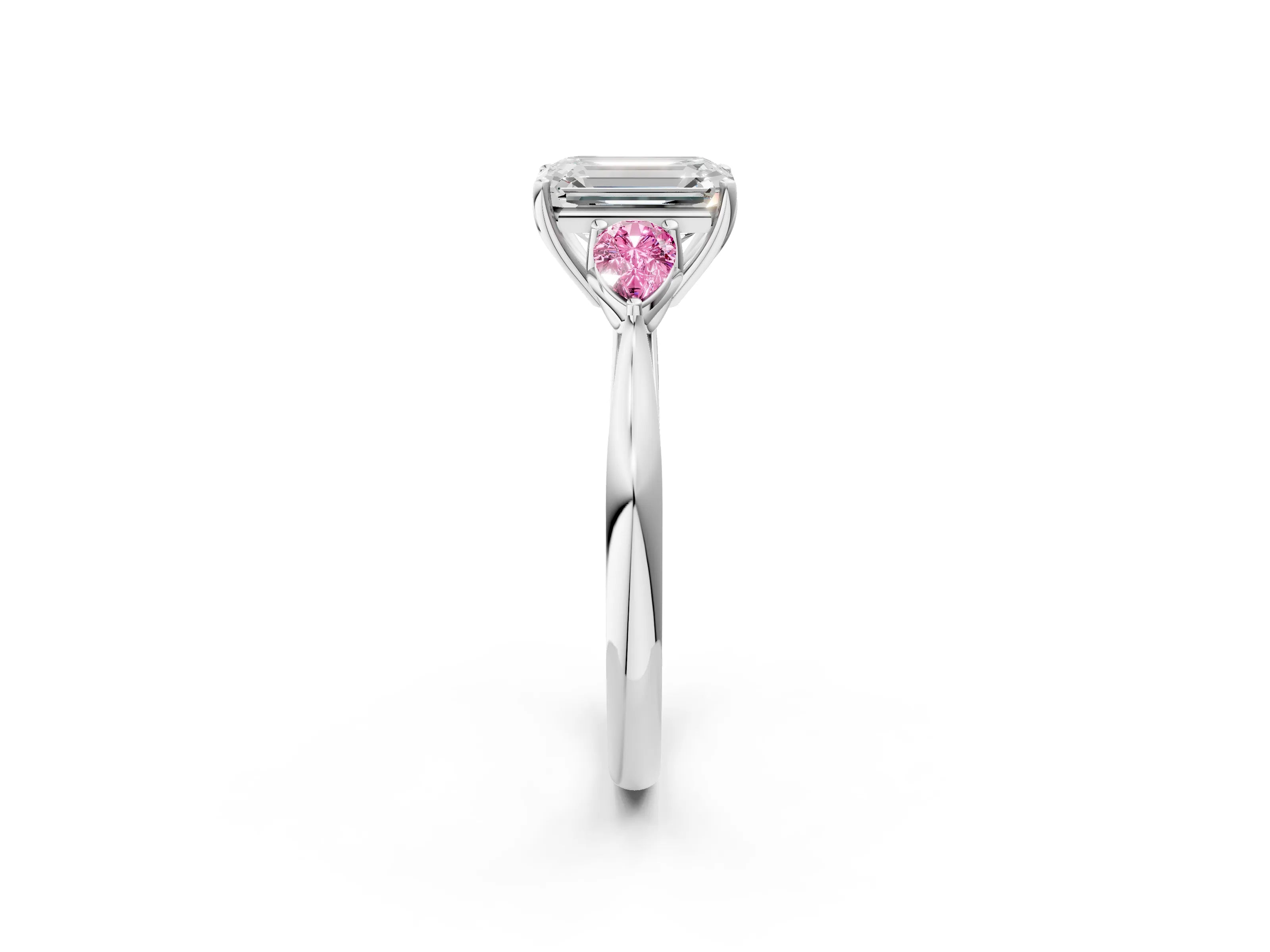 White gold Emerald Cut Diamond Three-Stone Ring with Pear with Pink Sapphire side stone Side Stones and Prong Setting_38
