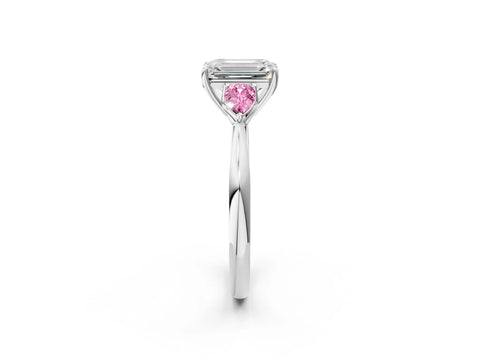 White gold Emerald Cut Diamond Three-Stone Ring with Pear with Pink Sapphire side stone Side Stones and Prong Setting_38