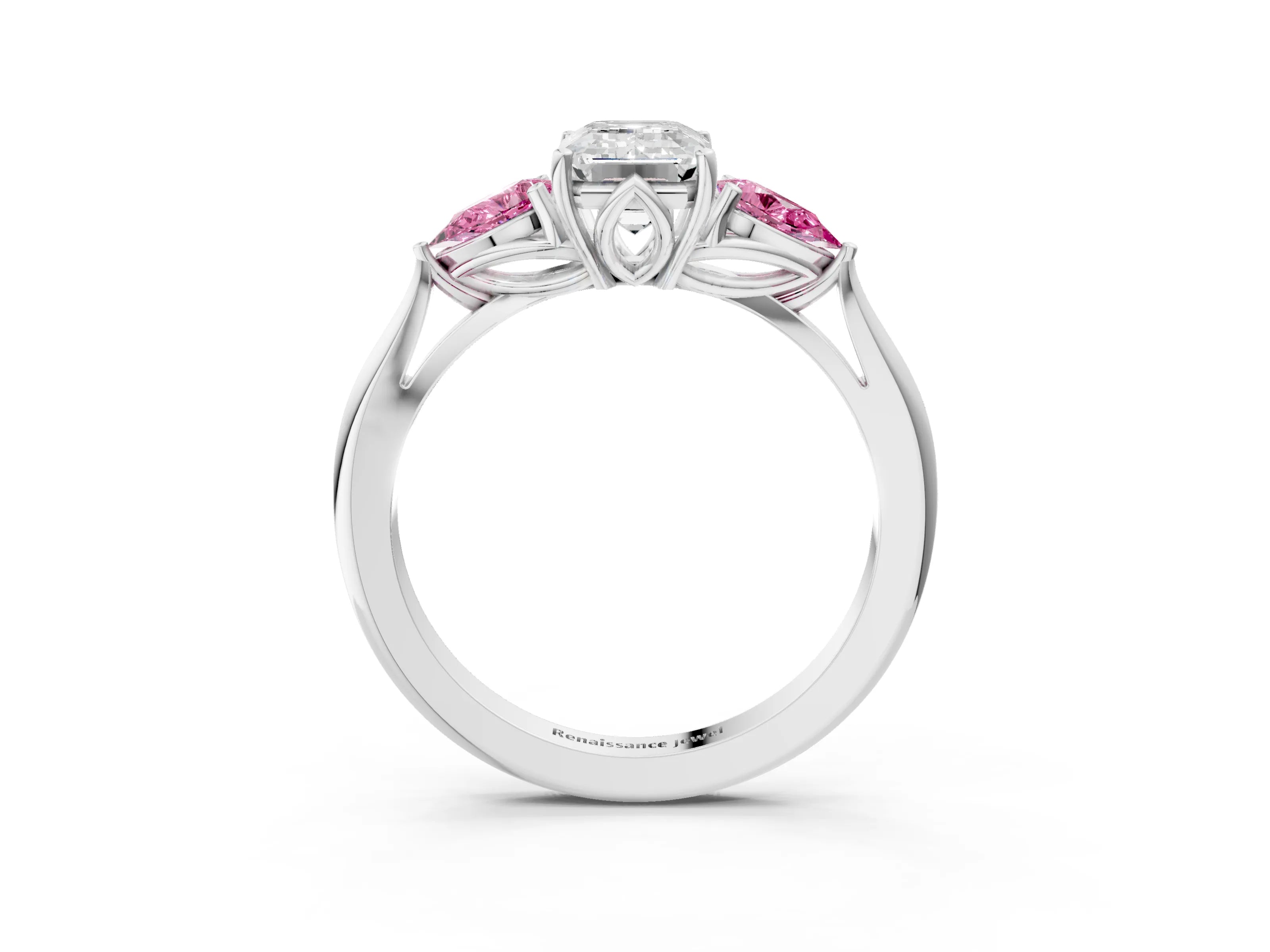 White gold Emerald Cut Diamond Three-Stone Ring with Pear with Pink Sapphire side stone Side Stones and Prong Setting_39