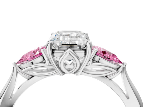 White gold Emerald Cut Diamond Three-Stone Ring with Pear with Pink Sapphire side stone Side Stones and Prong Setting_40