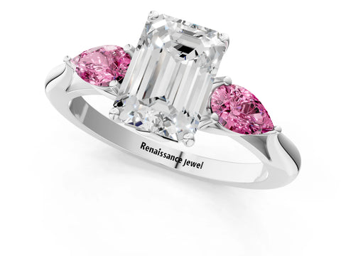 White gold Emerald Cut Diamond Three-Stone Ring with Pear with Pink Sapphire side stone Side Stones and Prong Setting_49