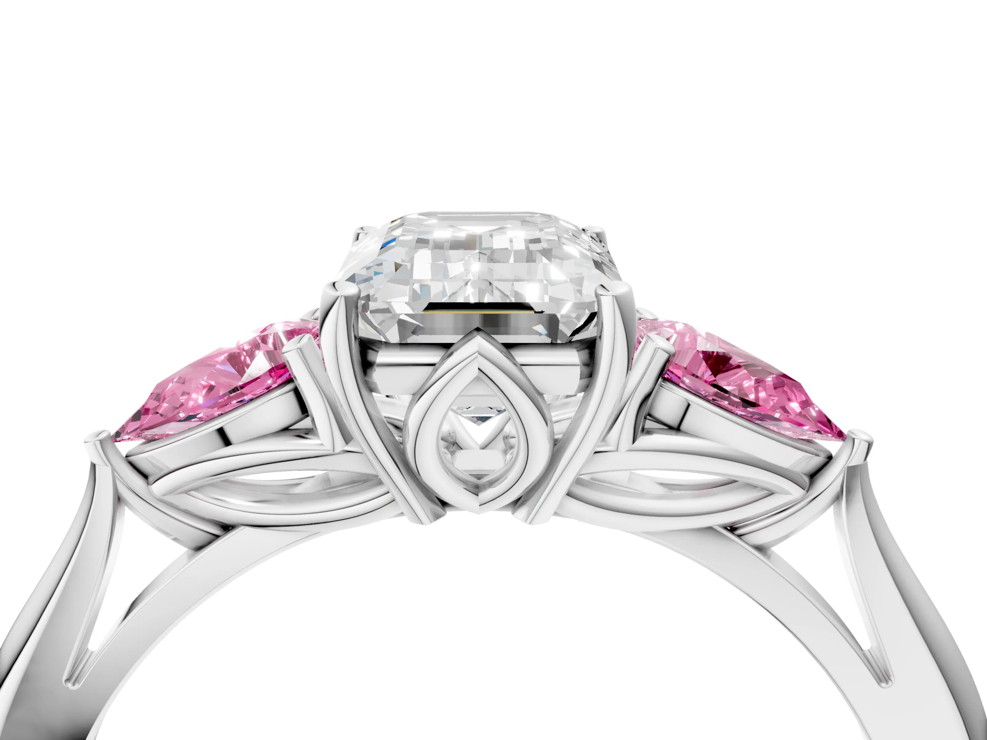 White gold Emerald Cut Diamond Three-Stone Ring with Pear with Pink Sapphire side stone Side Stones and Prong Setting_52