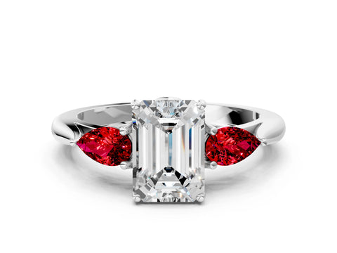 White gold Emerald Cut Diamond Three-Stone Ring with Pear with Ruby side stone Side Stones and Prong Setting_24