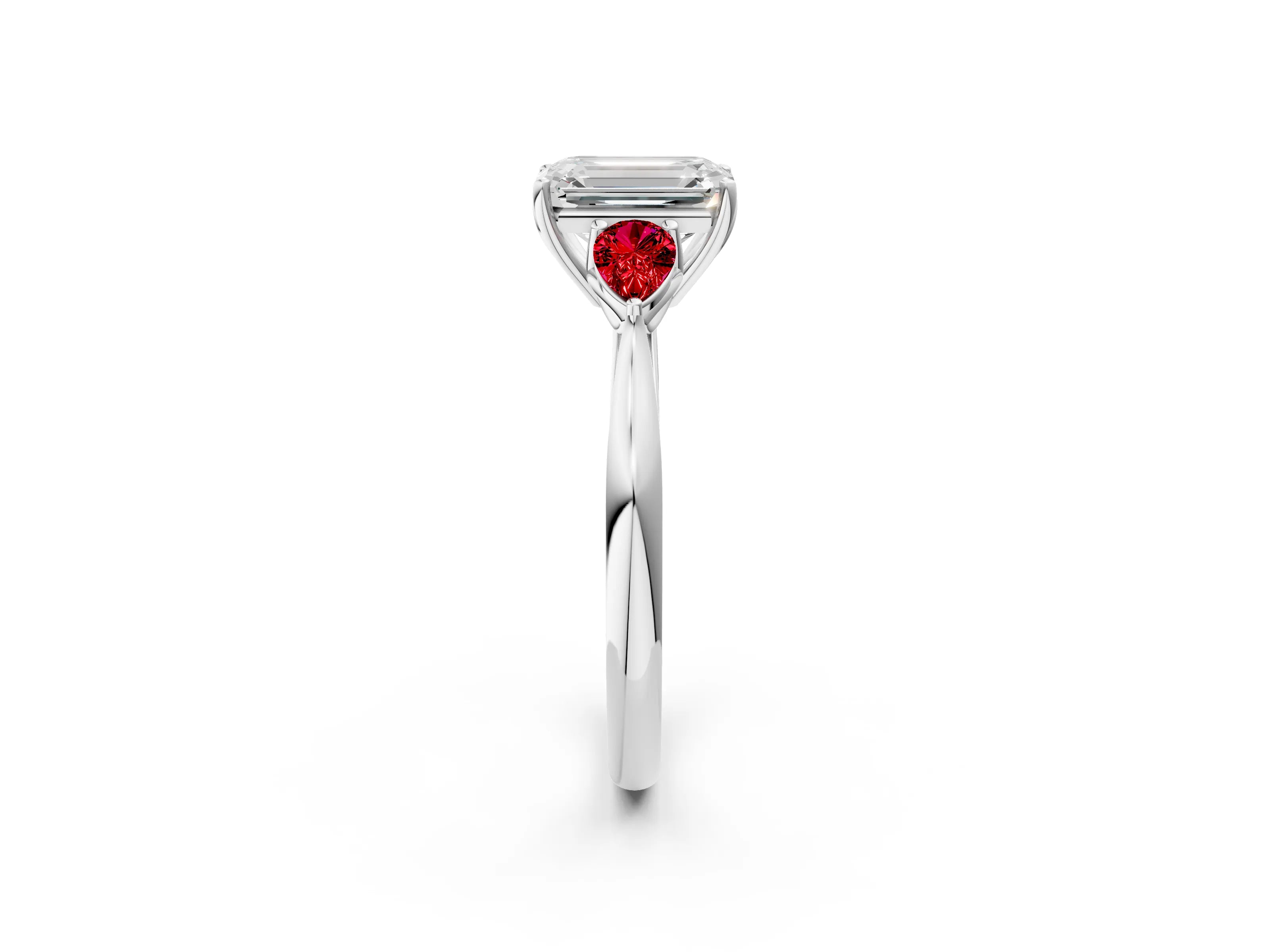 White gold Emerald Cut Diamond Three-Stone Ring with Pear with Ruby side stone Side Stones and Prong Setting_26