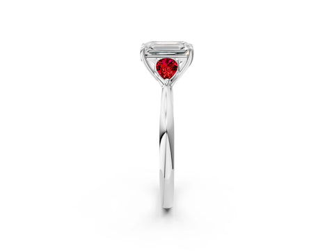 White gold Emerald Cut Diamond Three-Stone Ring with Pear with Ruby side stone Side Stones and Prong Setting_26