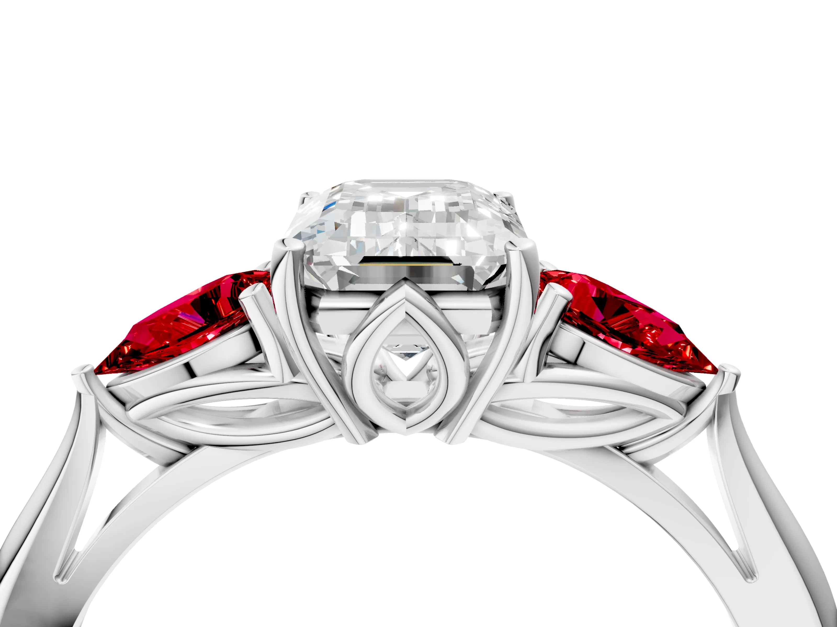 White gold Emerald Cut Diamond Three-Stone Ring with Pear with Ruby side stone Side Stones and Prong Setting_28
