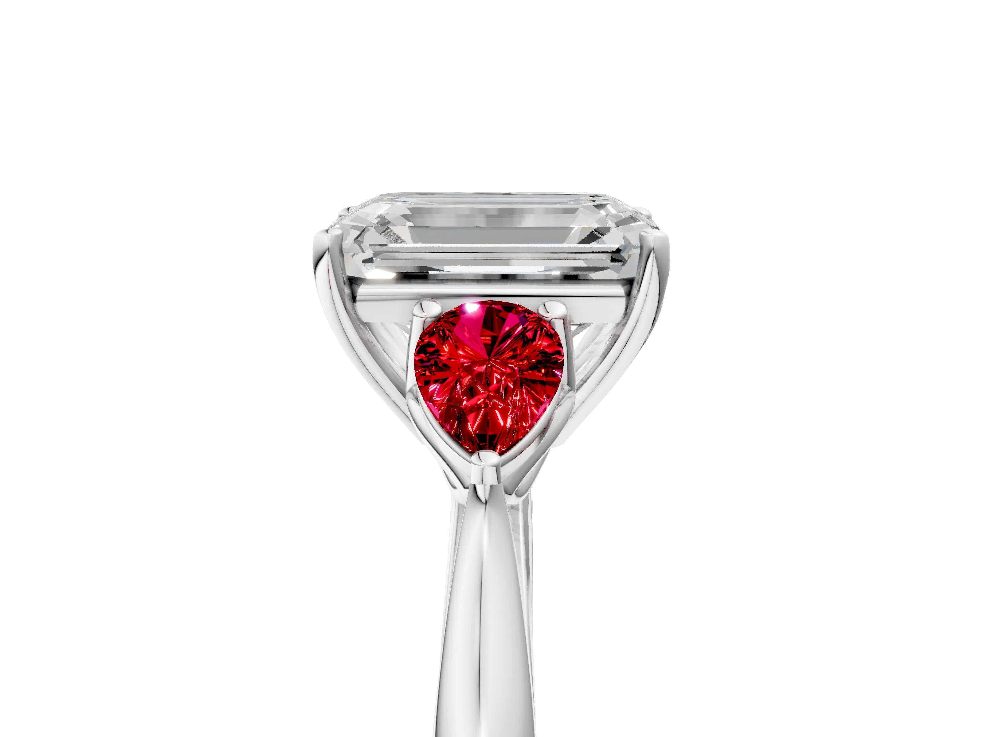 White gold Emerald Cut Diamond Three-Stone Ring with Pear with Ruby side stone Side Stones and Prong Setting_29