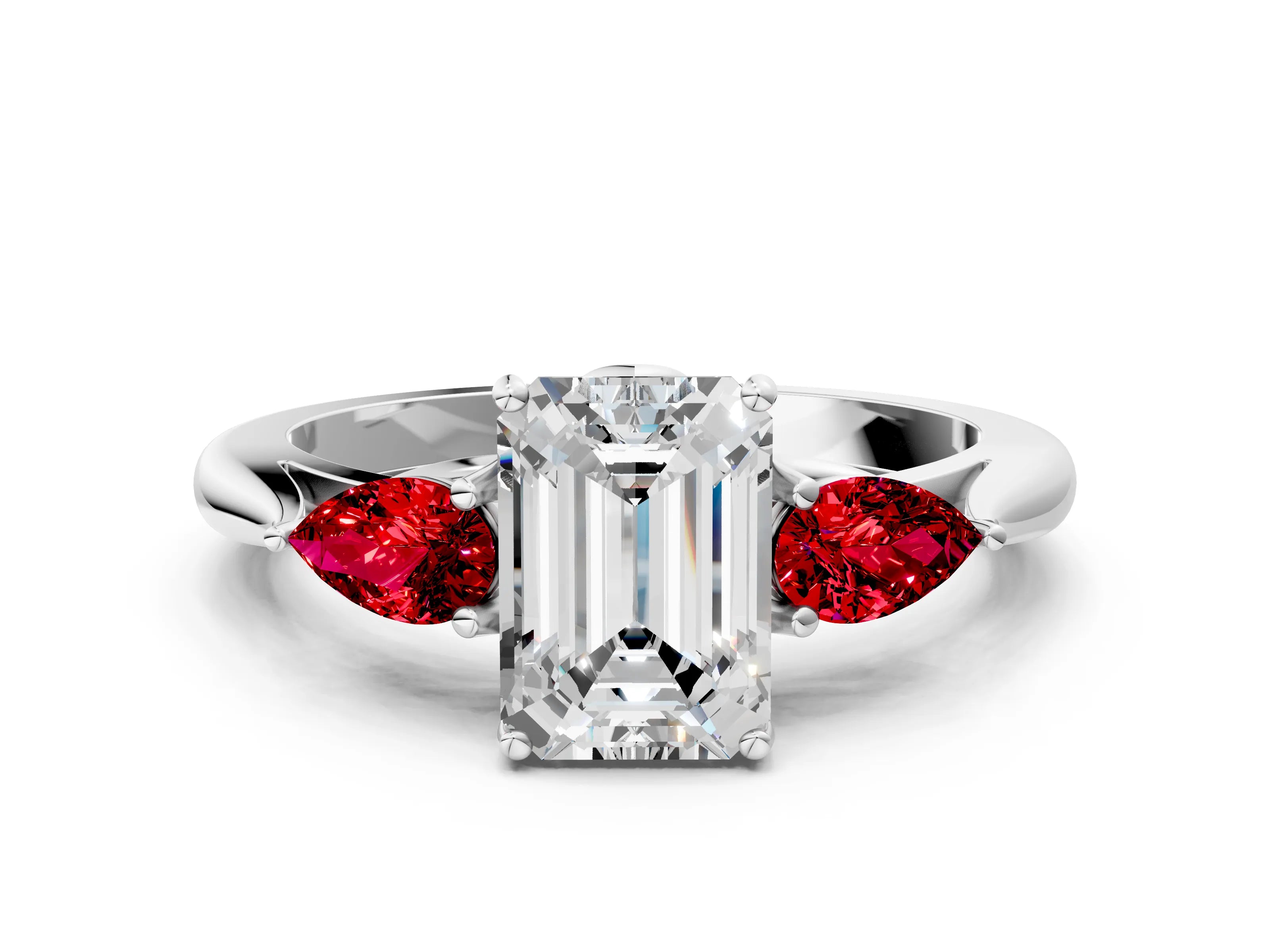White gold Emerald Cut Diamond Three-Stone Ring with Pear with Ruby side stone Side Stones and Prong Setting_36