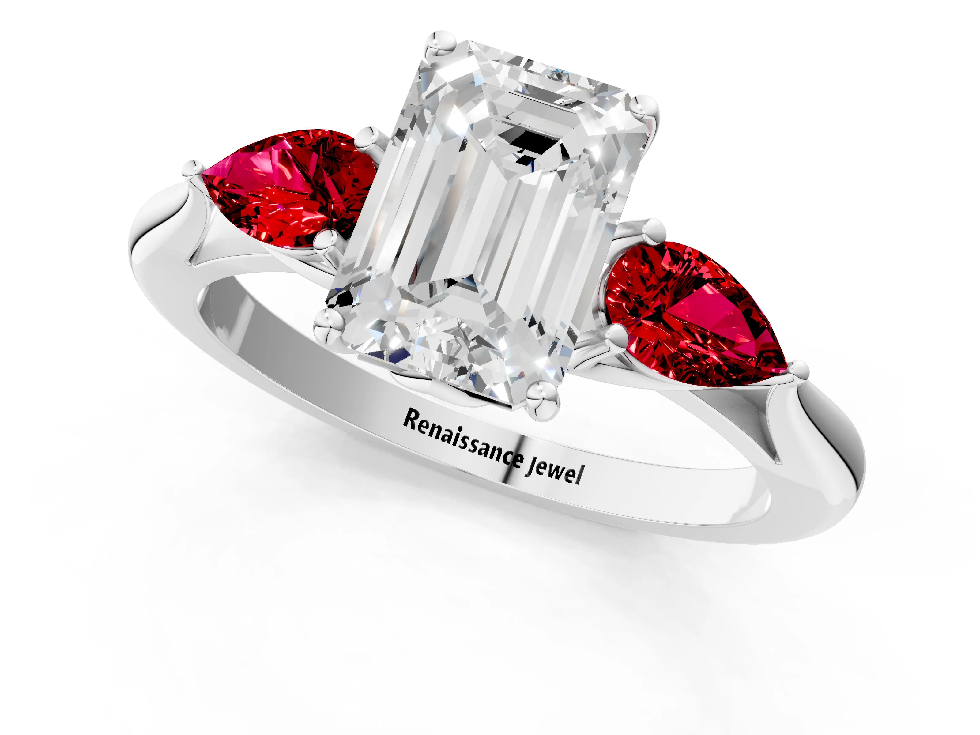 White gold Emerald Cut Diamond Three-Stone Ring with Pear with Ruby side stone Side Stones and Prong Setting_37