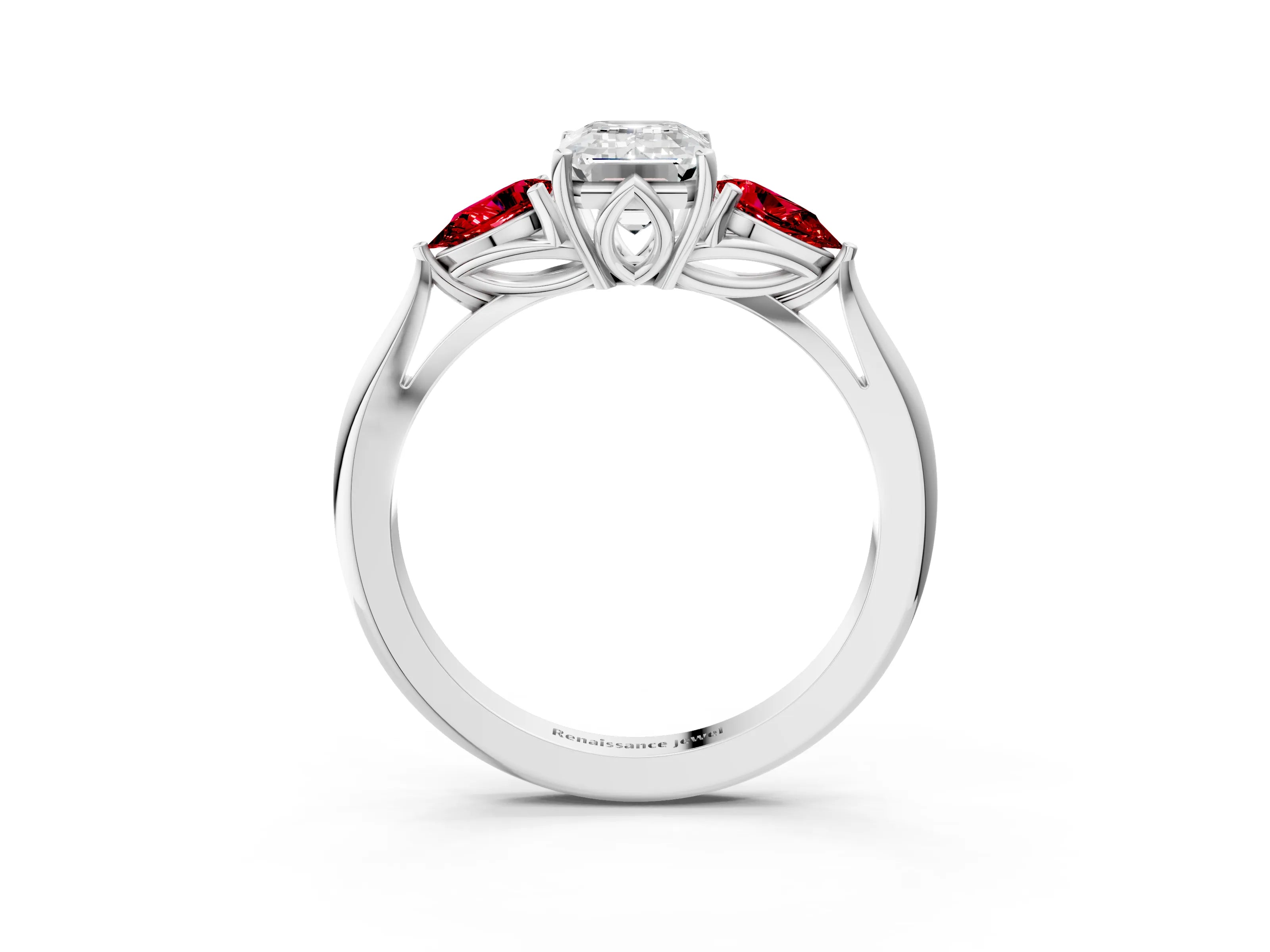 White gold Emerald Cut Diamond Three-Stone Ring with Pear with Ruby side stone Side Stones and Prong Setting_39