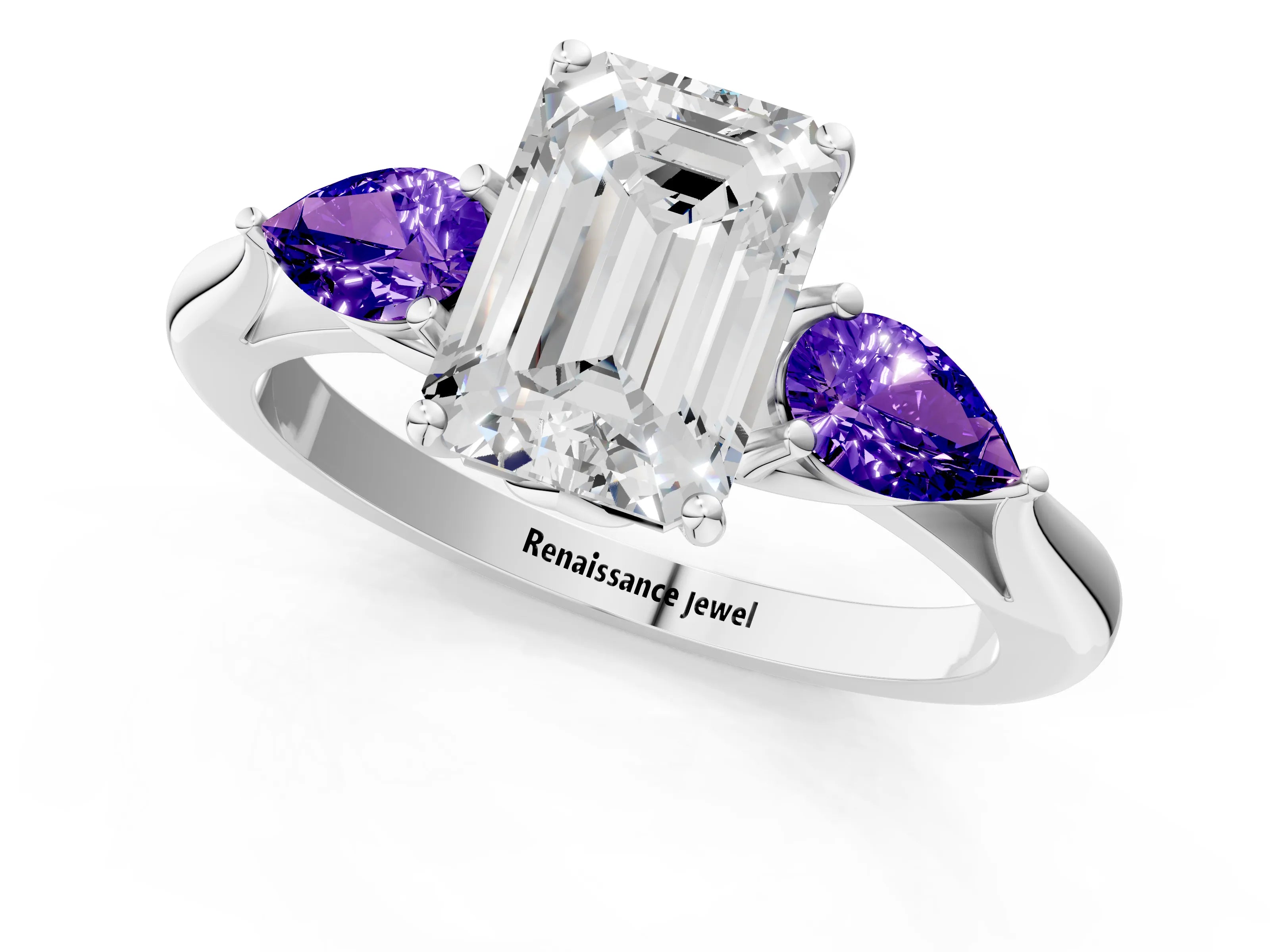 White gold Emerald Cut Diamond Three-Stone Ring with Pear with Tanzanite side stone Side Stones and Prong Setting_1