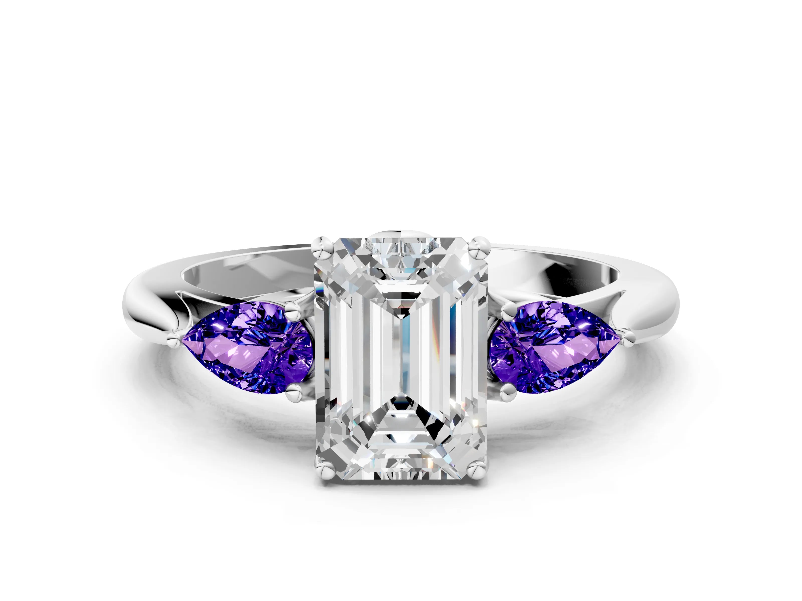 White gold Emerald Cut Diamond Three-Stone Ring with Pear with Tanzanite side stone Side Stones and Prong Setting_12