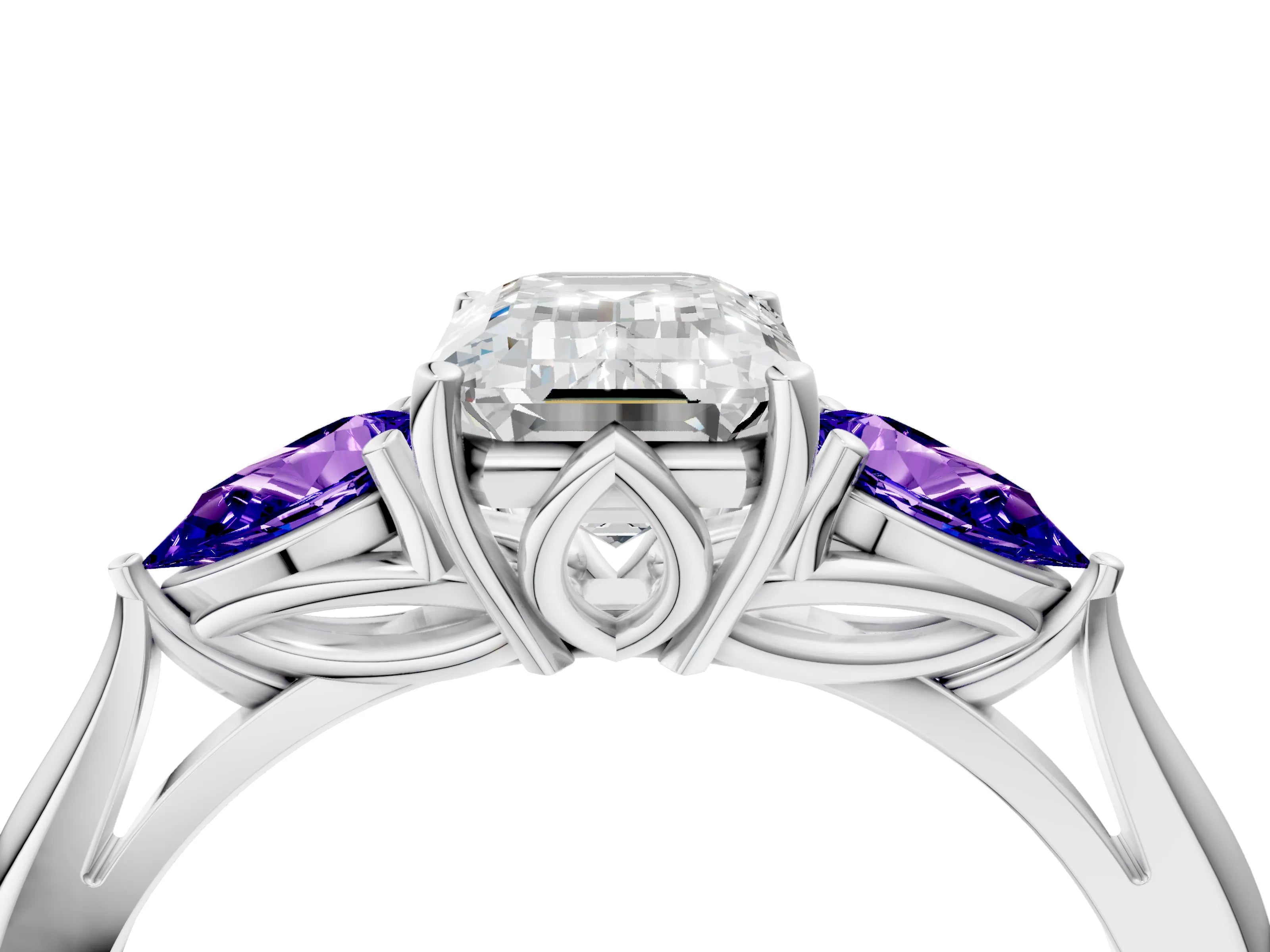 White gold Emerald Cut Diamond Three-Stone Ring with Pear with Tanzanite side stone Side Stones and Prong Setting_16