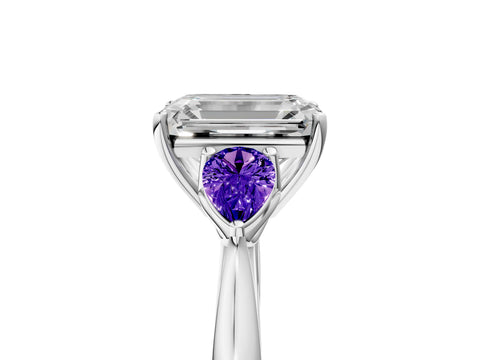 White gold Emerald Cut Diamond Three-Stone Ring with Pear with Tanzanite side stone Side Stones and Prong Setting_17