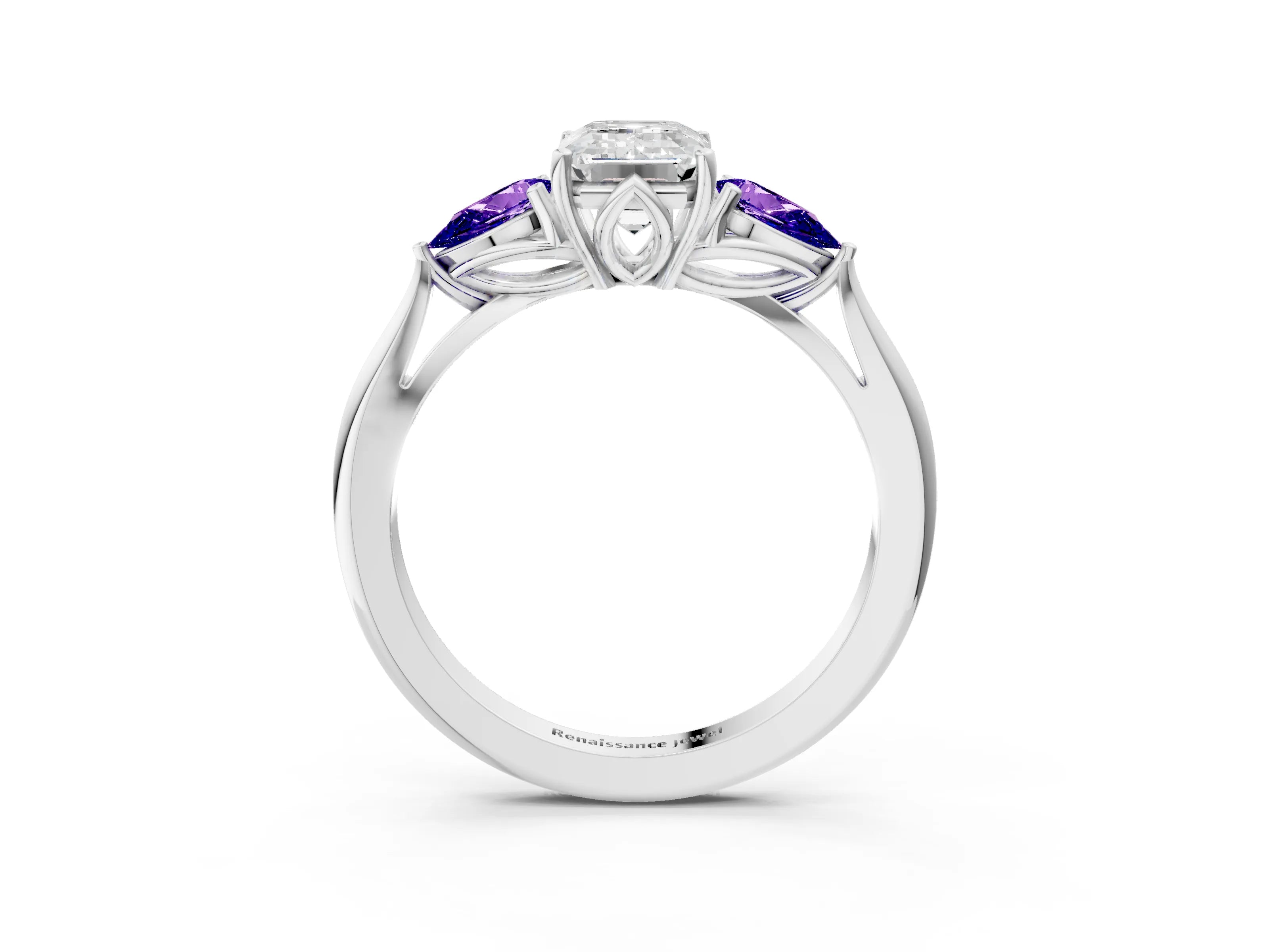 White gold Emerald Cut Diamond Three-Stone Ring with Pear with Tanzanite side stone Side Stones and Prong Setting_3