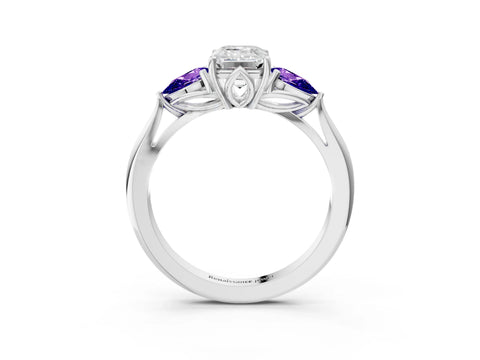 White gold Emerald Cut Diamond Three-Stone Ring with Pear with Tanzanite side stone Side Stones and Prong Setting_3