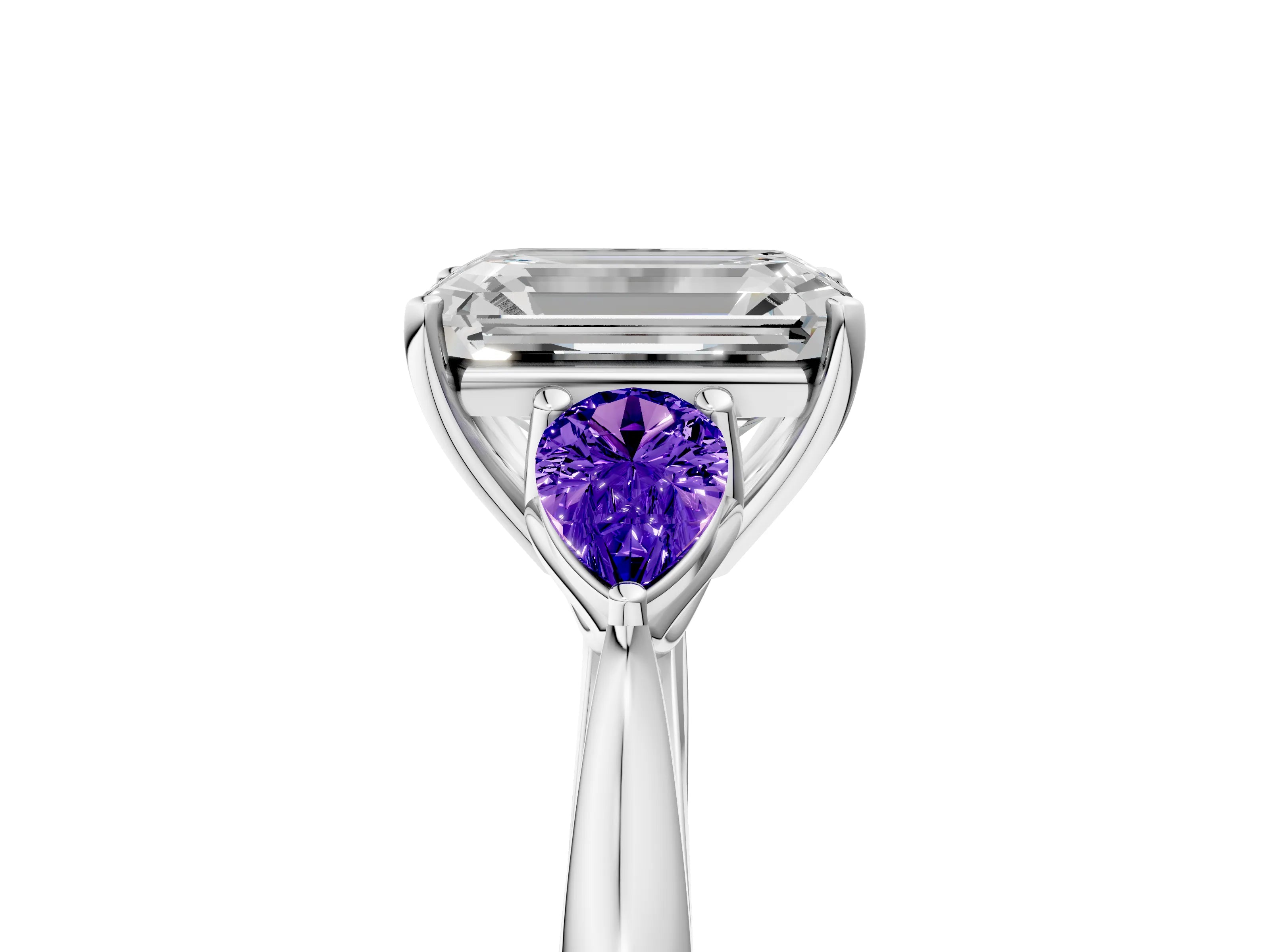 White gold Emerald Cut Diamond Three-Stone Ring with Pear with Tanzanite side stone Side Stones and Prong Setting_5