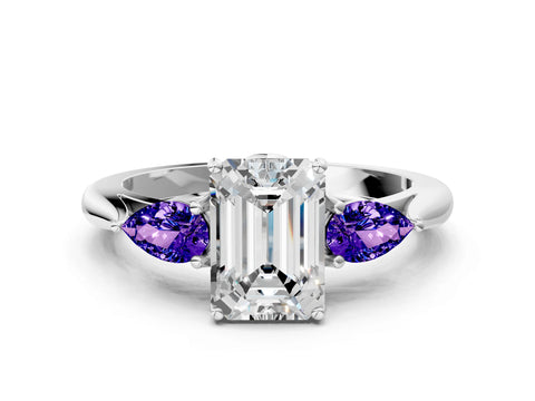 White gold Emerald Cut Diamond Three-Stone Ring with Pear with Tanzanite side stone Side Stones and Prong Setting