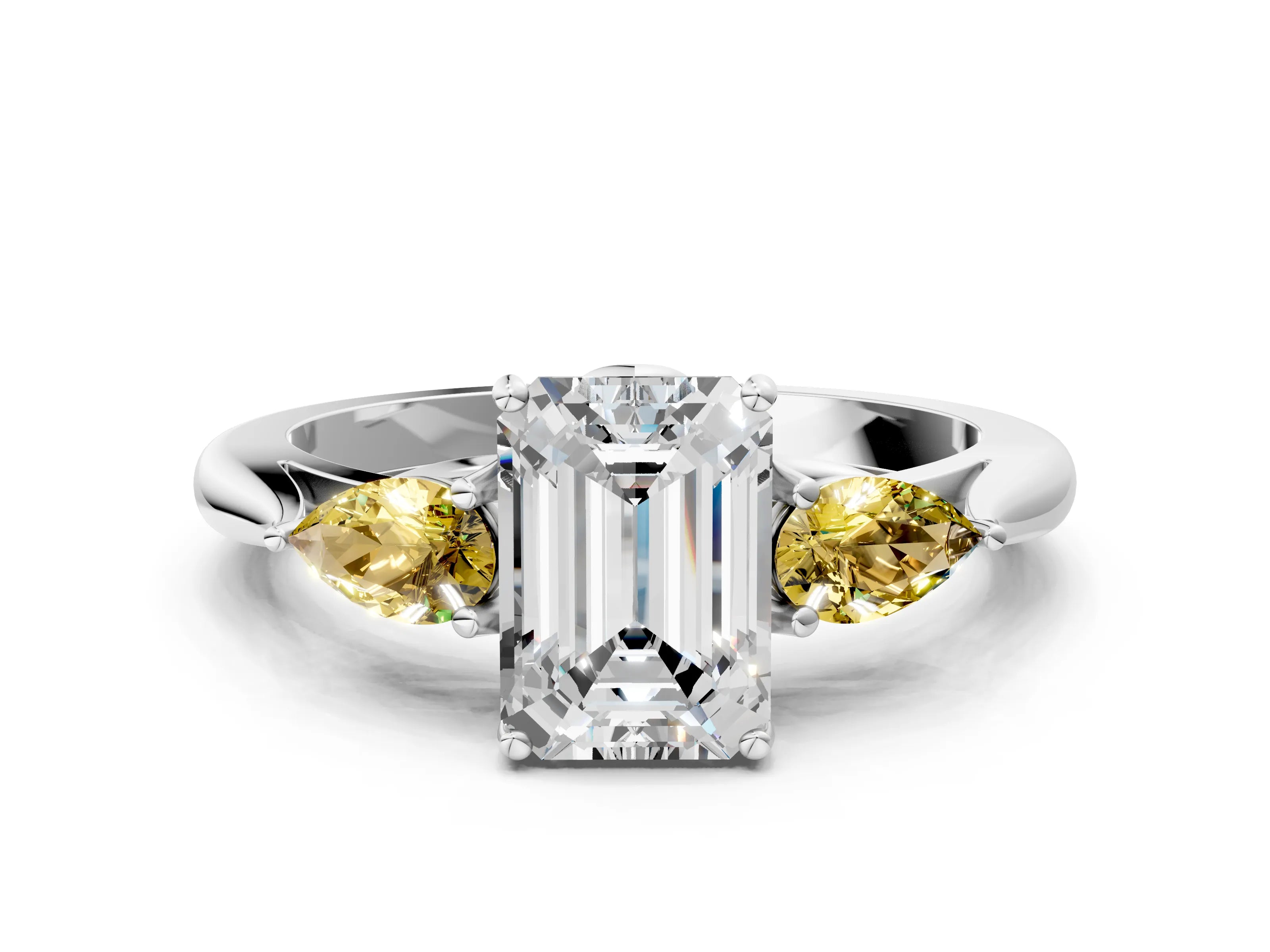 White gold Emerald Cut Diamond Three-Stone Ring with Pear with Yellow Sapphire side stone Side Stones and Prong Setting_24