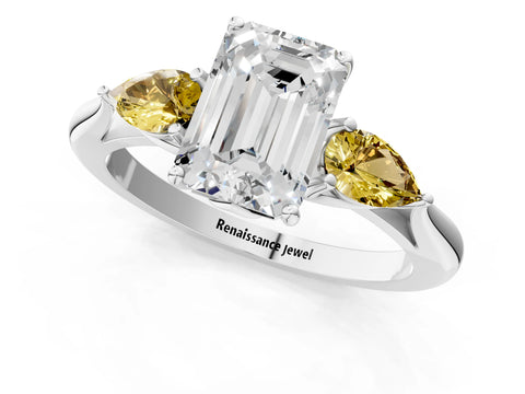 White gold Emerald Cut Diamond Three-Stone Ring with Pear with Yellow Sapphire side stone Side Stones and Prong Setting_25