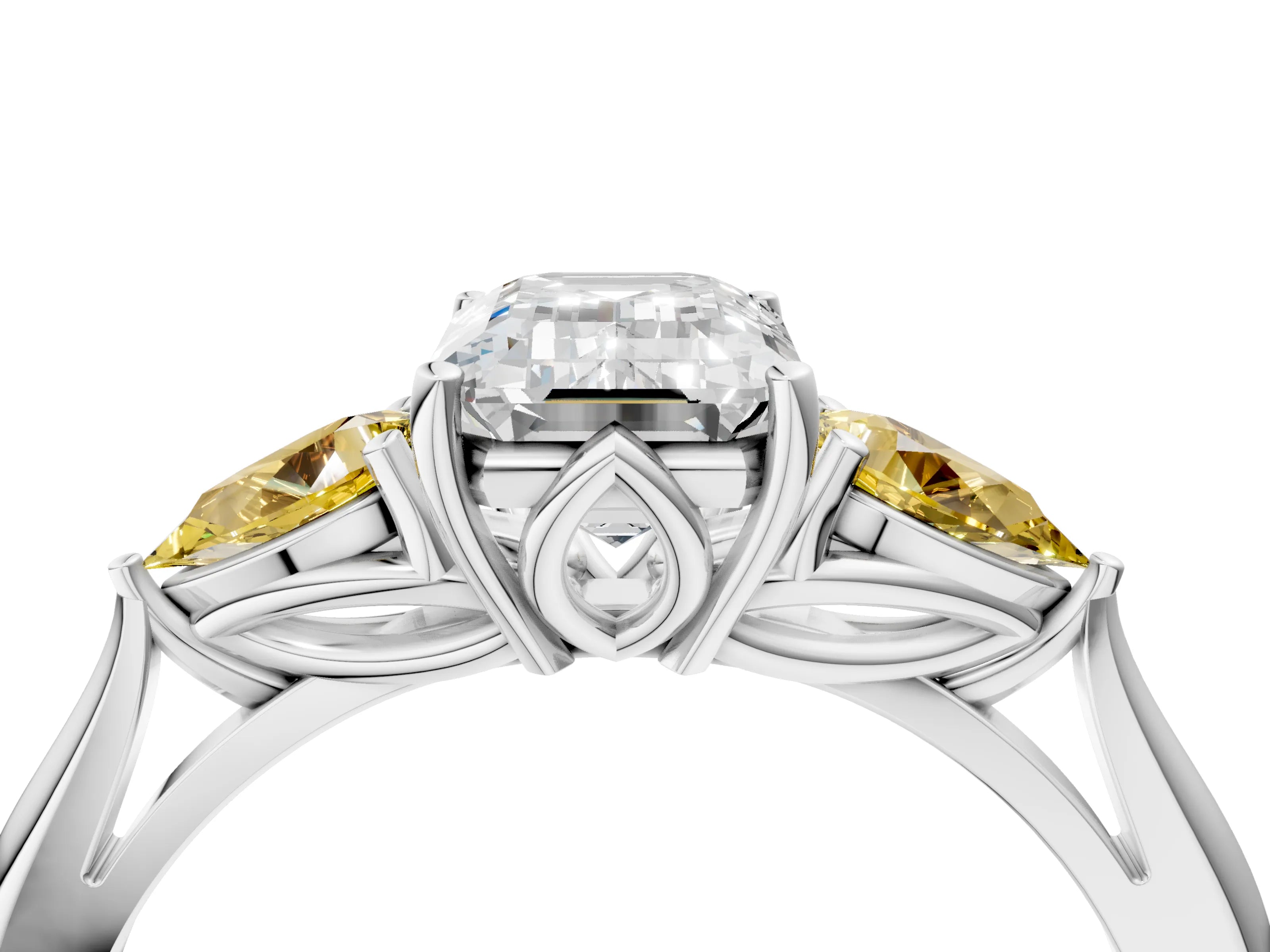 White gold Emerald Cut Diamond Three-Stone Ring with Pear with Yellow Sapphire side stone Side Stones and Prong Setting_28
