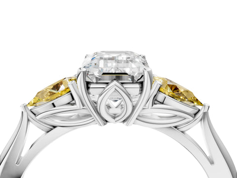 White gold Emerald Cut Diamond Three-Stone Ring with Pear with Yellow Sapphire side stone Side Stones and Prong Setting_28