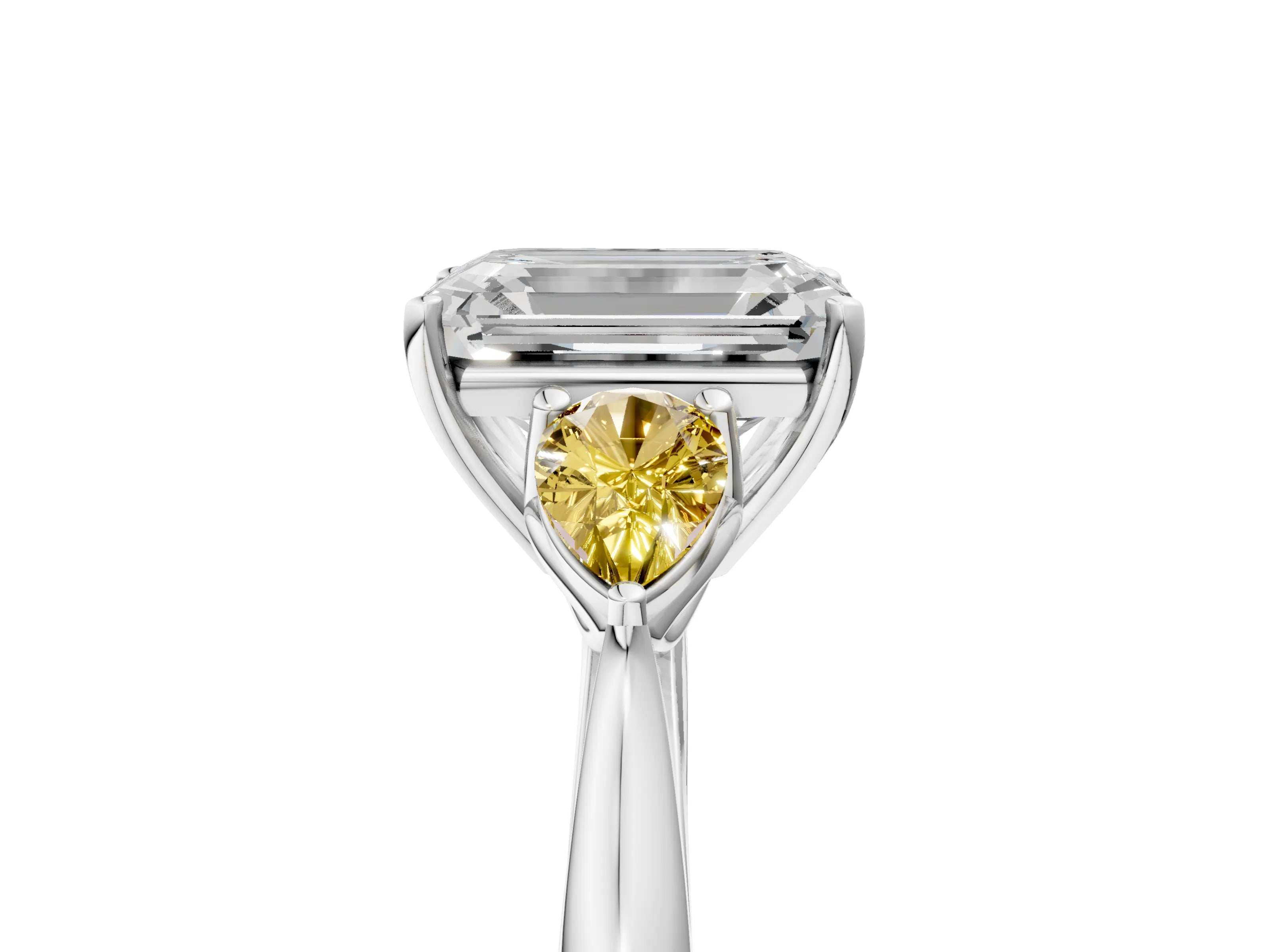 White gold Emerald Cut Diamond Three-Stone Ring with Pear with Yellow Sapphire side stone Side Stones and Prong Setting_29