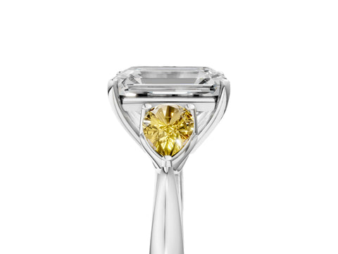 White gold Emerald Cut Diamond Three-Stone Ring with Pear with Yellow Sapphire side stone Side Stones and Prong Setting_29