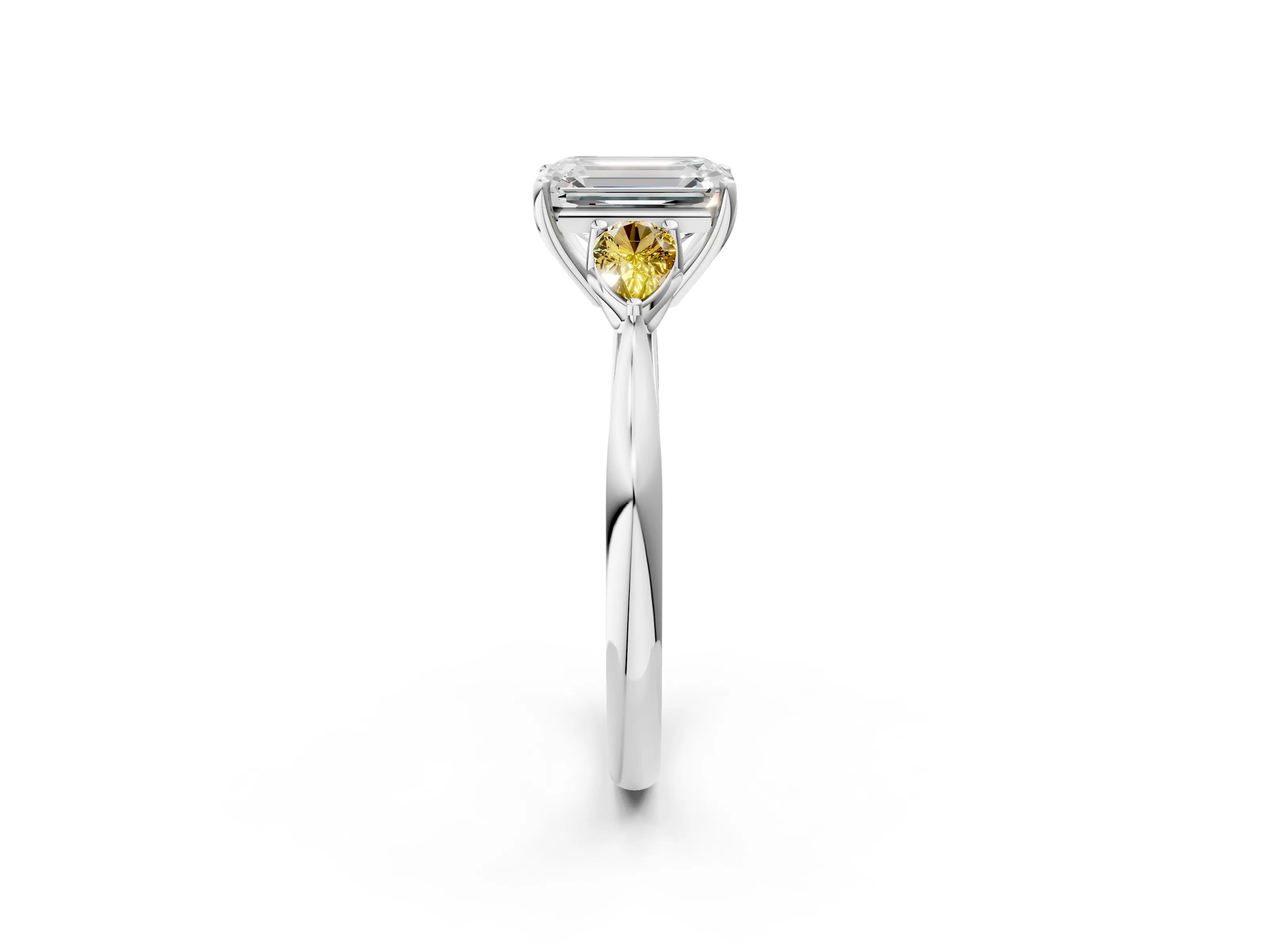 White gold Emerald Cut Diamond Three-Stone Ring with Pear with Yellow Sapphire side stone Side Stones and Prong Setting_38