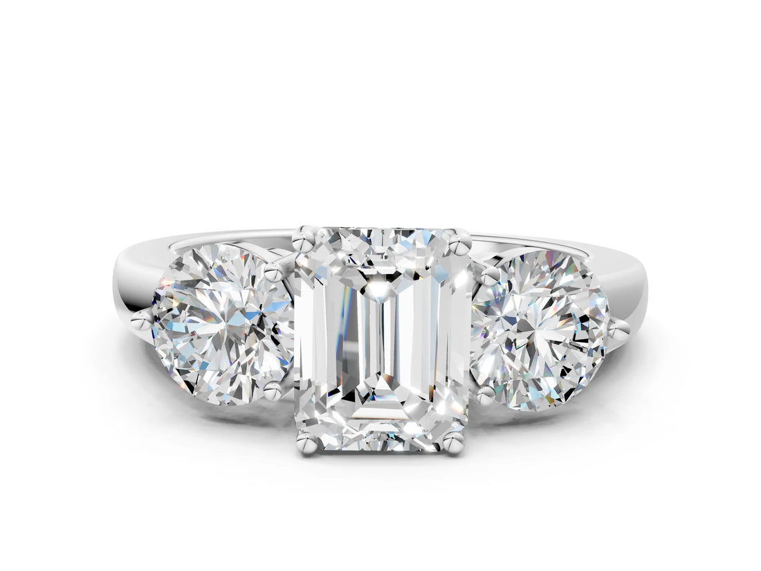 White gold Emerald Cut Diamond Three-Stone Ring with Prong Setting and Classic Band_81