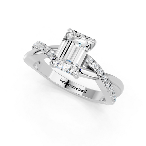 White gold Emerald Cut Diamond Twist Band Solitaire with Prong Setting_27