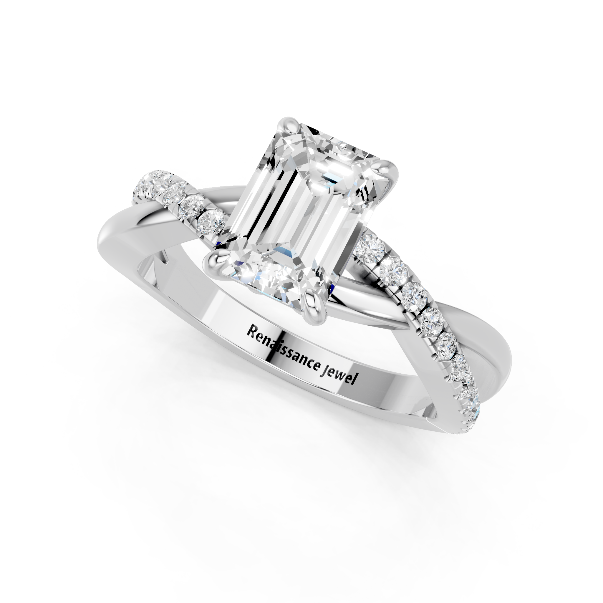 White gold Emerald Cut Diamond Twist Band Solitaire with Prong Setting_27