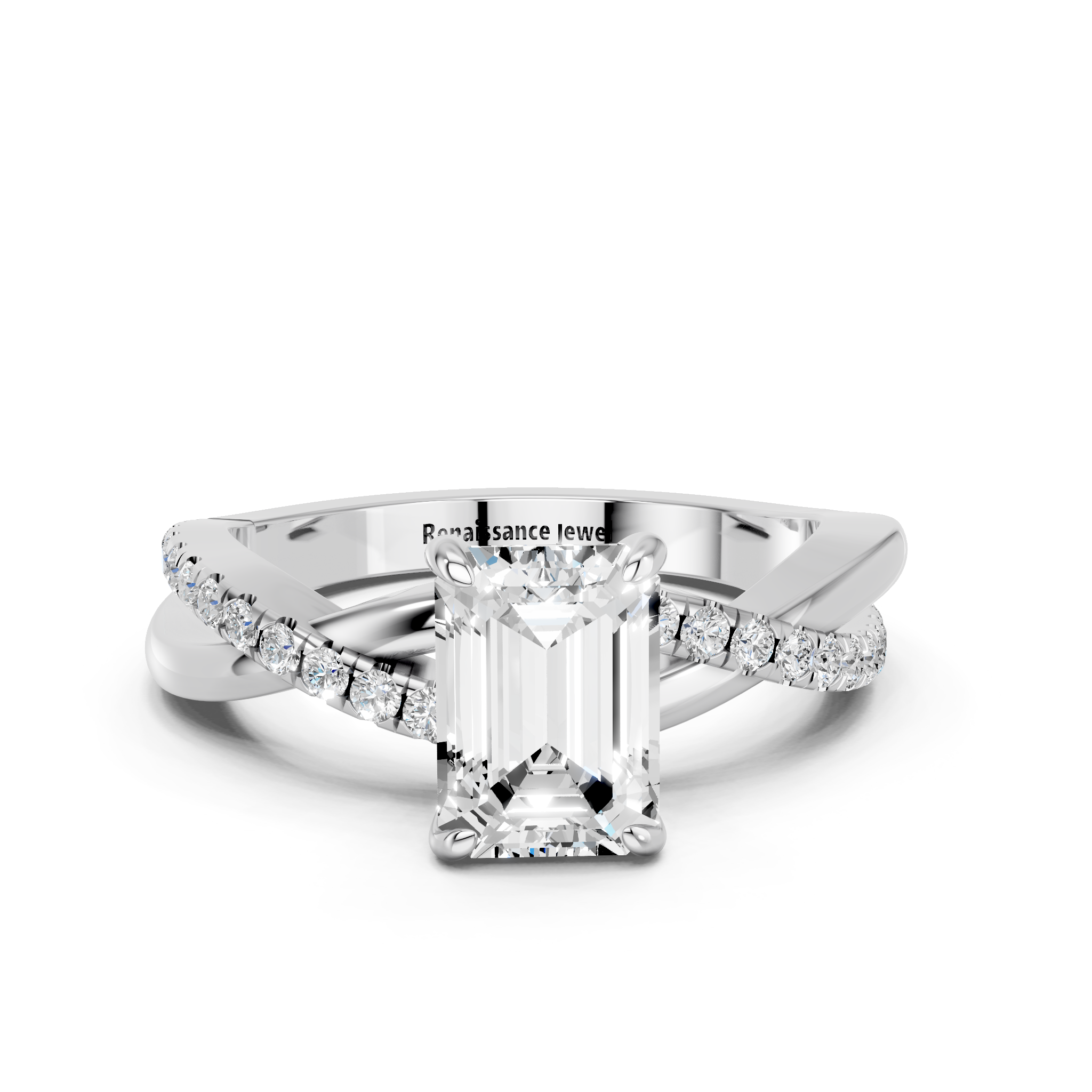 White gold Emerald Cut Diamond Twist Band Solitaire with Prong Setting_35
