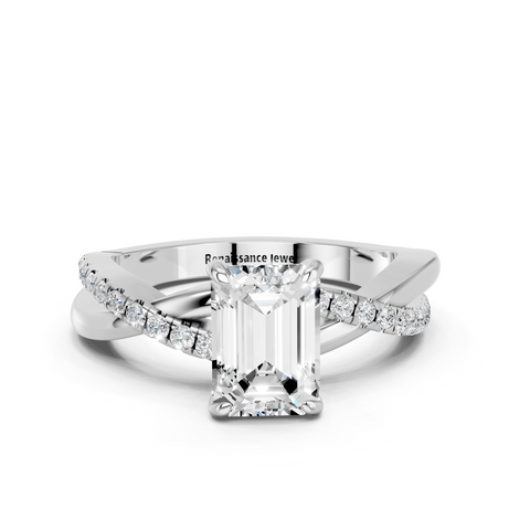 White gold Emerald Cut Diamond Twist Band Solitaire with Prong Setting_35