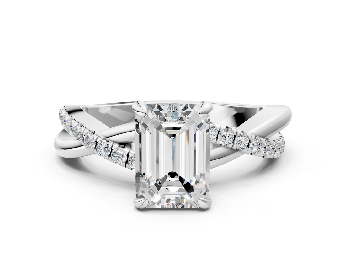 White gold Emerald Cut Diamond Twist Band Solitaire with Prong Setting_82